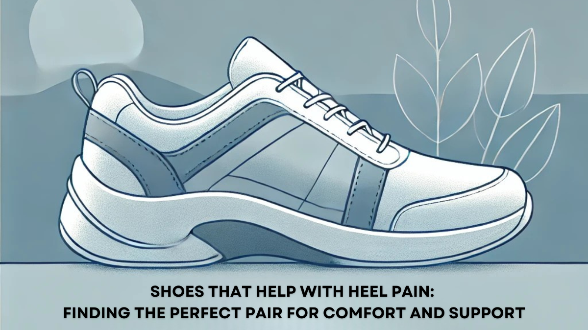 Shoes That Help with Heel Pain Blog Graphic Featuring a Shoe