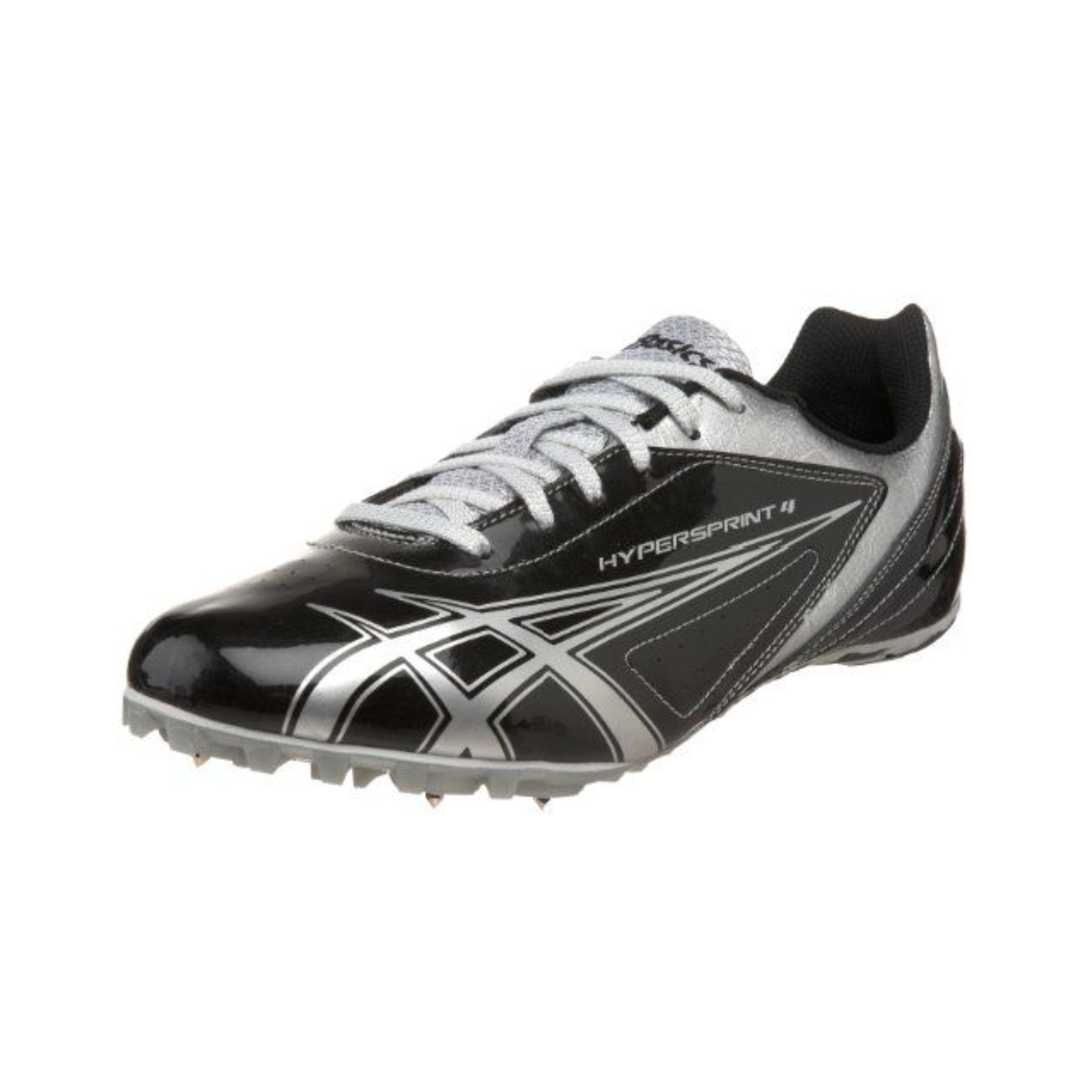 Side view of Men’s ASICS Hypersprint track spike in black and silver – featuring lightweight breathable mesh upper, spike plate optimized for maximum traction on track surfaces, cushioned midsole for impact absorption, and secure lace-up closure for a locked-in fit.