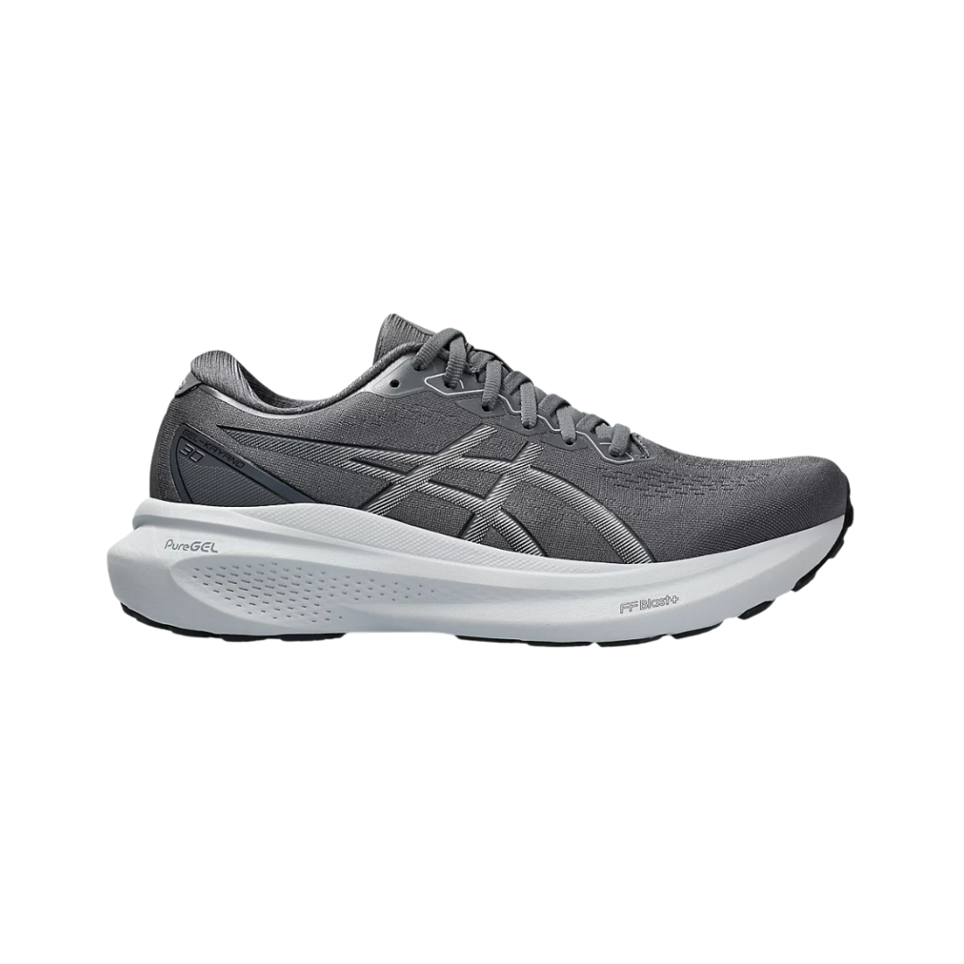 Side View of Men’s Asics Gel-Kayano 30 running shoe in carrier grey piedmont grey – featuring a breathable engineered mesh upper, FF BLAST PLUS ECO cushioning for lightweight comfort, and 4D GUIDANCE SYSTEM for adaptive stability and support.