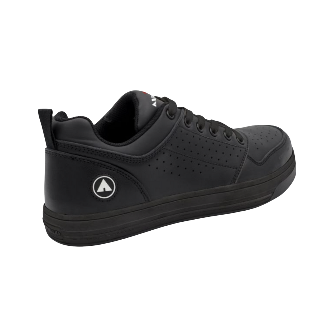 Side View of Women’s Airwalk Arena Low Composite Toe Work Shoe in Black – featuring a composite safety toe, slip-resistant outsole, and cushioned insole for comfort.