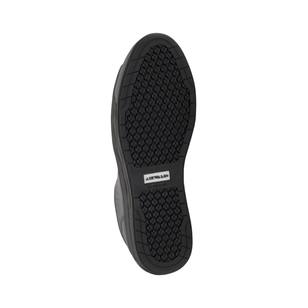 Bottom View of Women’s Airwalk Arena Low Composite Toe Work Shoe in Black – featuring a composite safety toe, slip-resistant outsole, and cushioned insole for comfort.