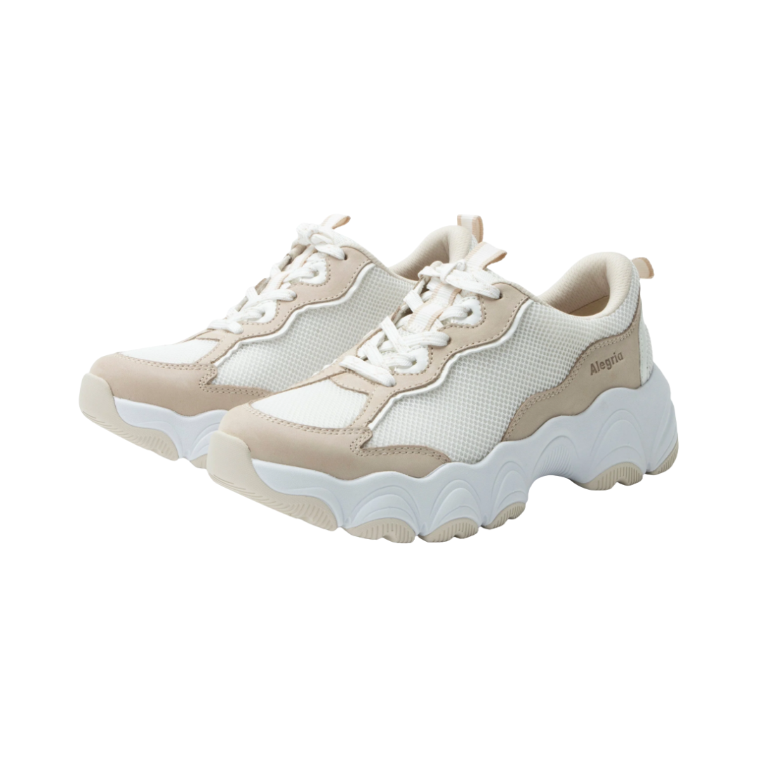Side View of Women’s Alegria Boom Joy sneaker in ecru – featuring a cushioned removable footbed, lace-up design, and slip-resistant outsole for all-day comfort.