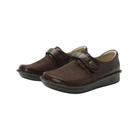 Angled view of Women’s Alegria Brenna casual slip-on in brown and black – featuring oiled leather upper, cushioned footbed, flexible outsole, and slip-on design.