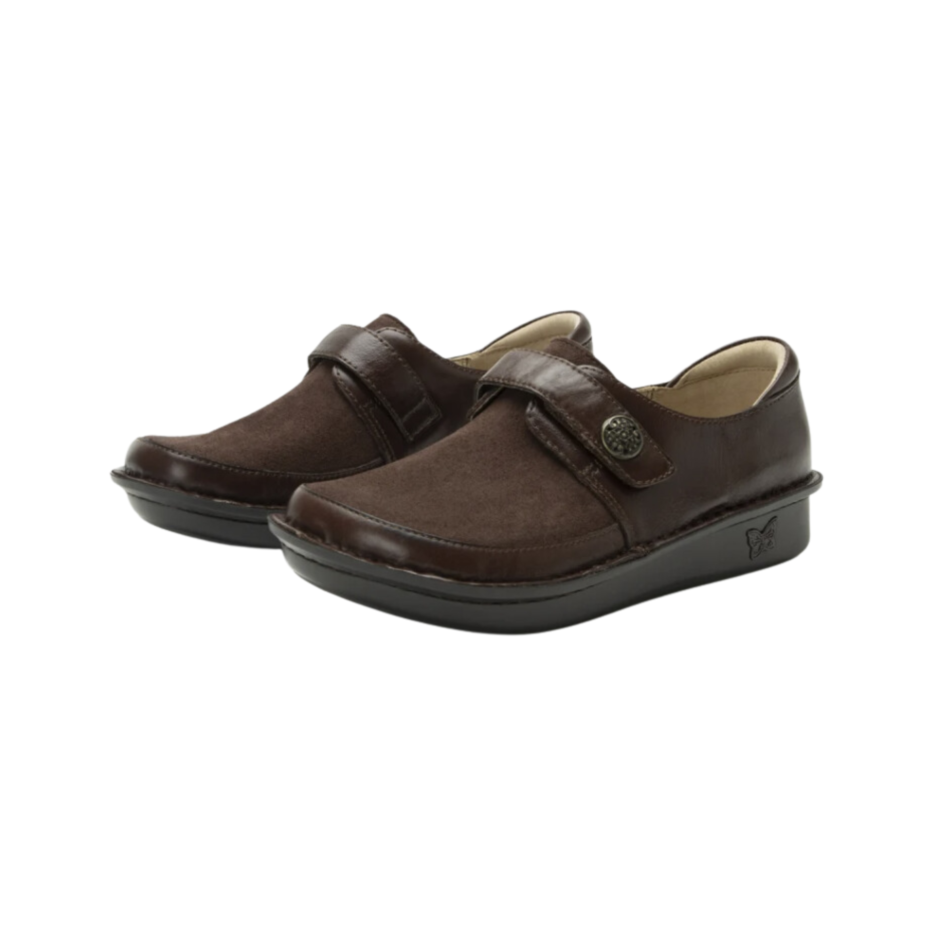 Angled view of Women’s Alegria Brenna casual slip-on in brown and black – featuring oiled leather upper, cushioned footbed, flexible outsole, and slip-on design.