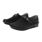 Angled view of Women’s Alegria Brenna casual slip-on in oiled black – featuring premium leather, padded collar, memory foam footbed, and flexible rubber sole.