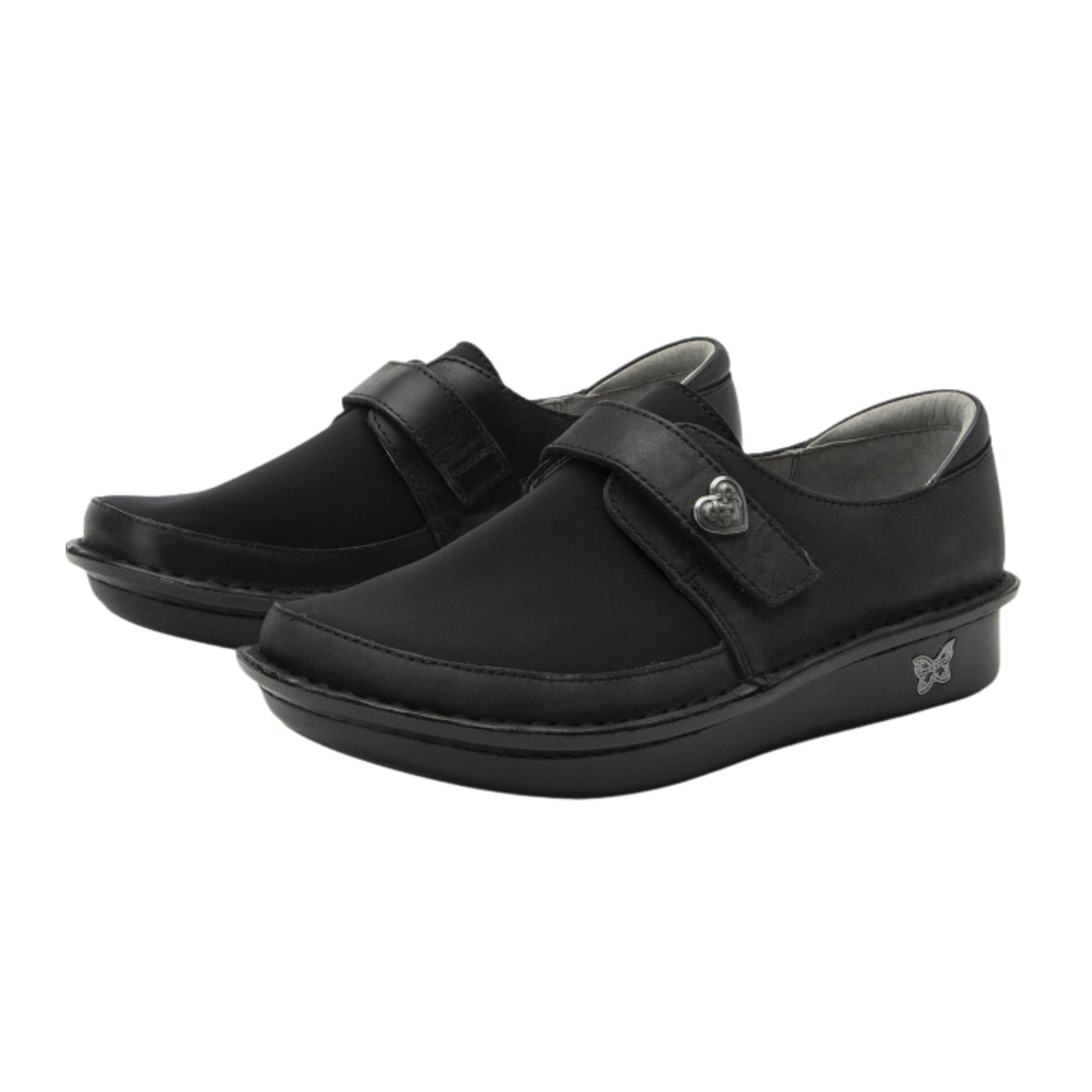Angled view of Women’s Alegria Brenna casual slip-on in oiled black – featuring premium leather, padded collar, memory foam footbed, and flexible rubber sole.