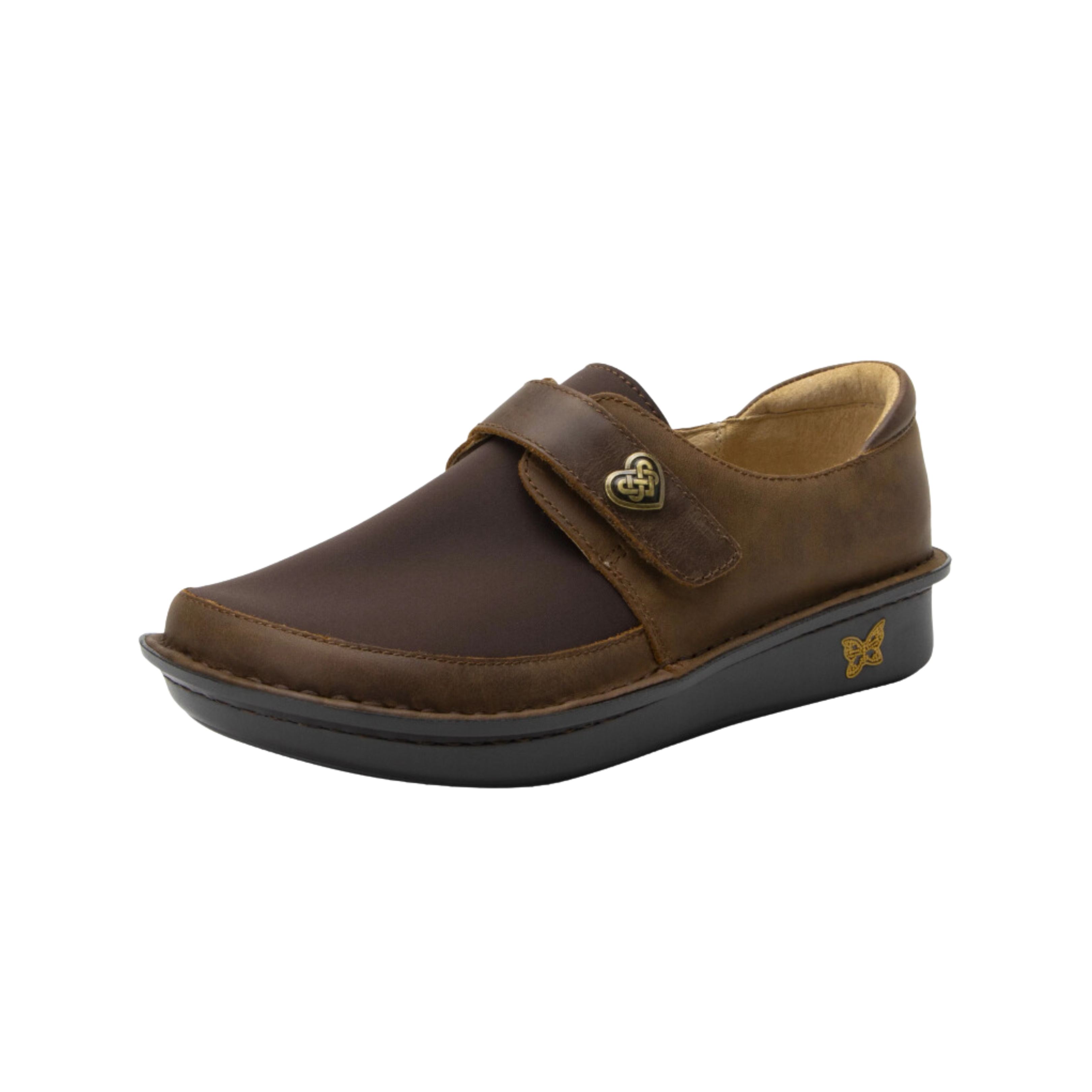 Side View of Women’s Alegria Brenna loafer in oiled brown – featuring a cushioned cork and memory foam footbed, slip-on design, and slip-resistant outsole for lasting comfort.