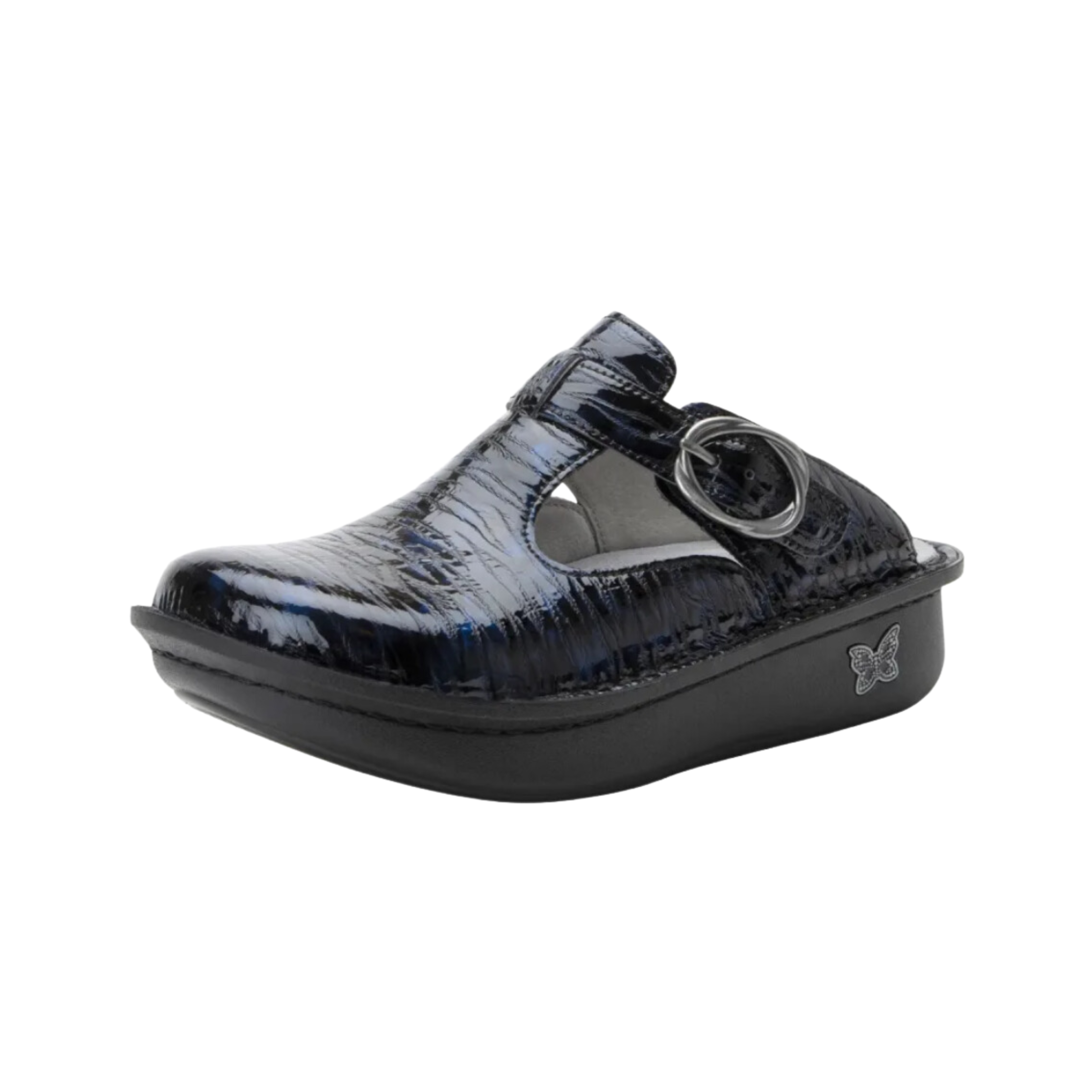 Angled view of Women’s Alegria Classic casual slip-on in blue and black – featuring two-tone leather upper, memory foam footbed, breathable lining, and slip-resistant outsole.