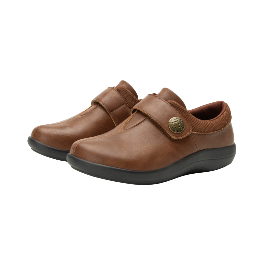 Side View of Women’s Alegria Danni loafer in saddle brown – featuring a cushioned footbed, slip-on design, and slip-resistant outsole for everyday comfort.
