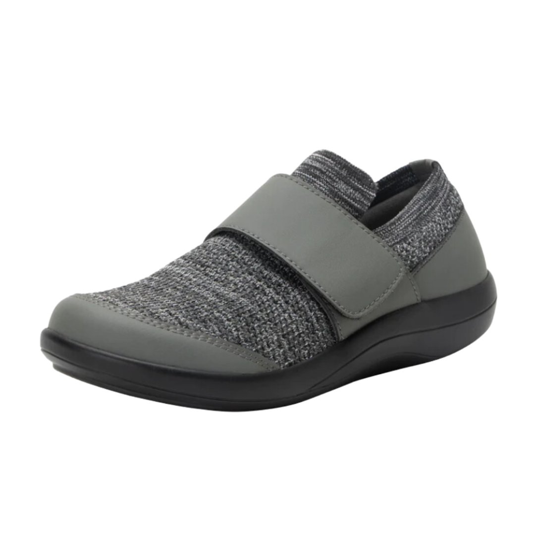 Side View of Women’s Alegria Dasher sneaker in charcoal – featuring a cushioned removable footbed, slip-on design, and slip-resistant outsole for secure all-day wear.