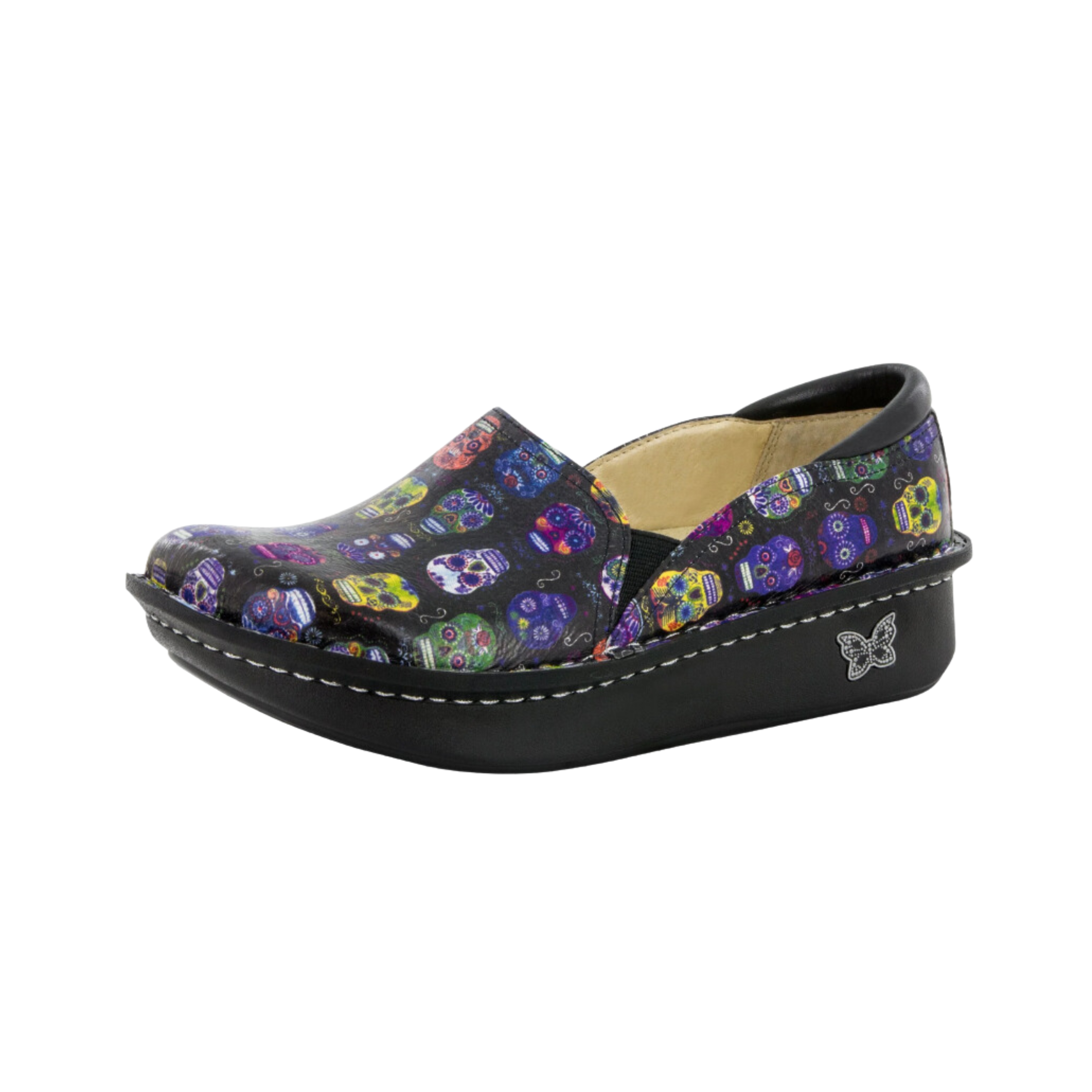 Angled view of Women’s Alegria Debra casual slip-on in black with multi-colors – featuring vibrant patterns, memory foam footbed, breathable upper, and durable outsole.