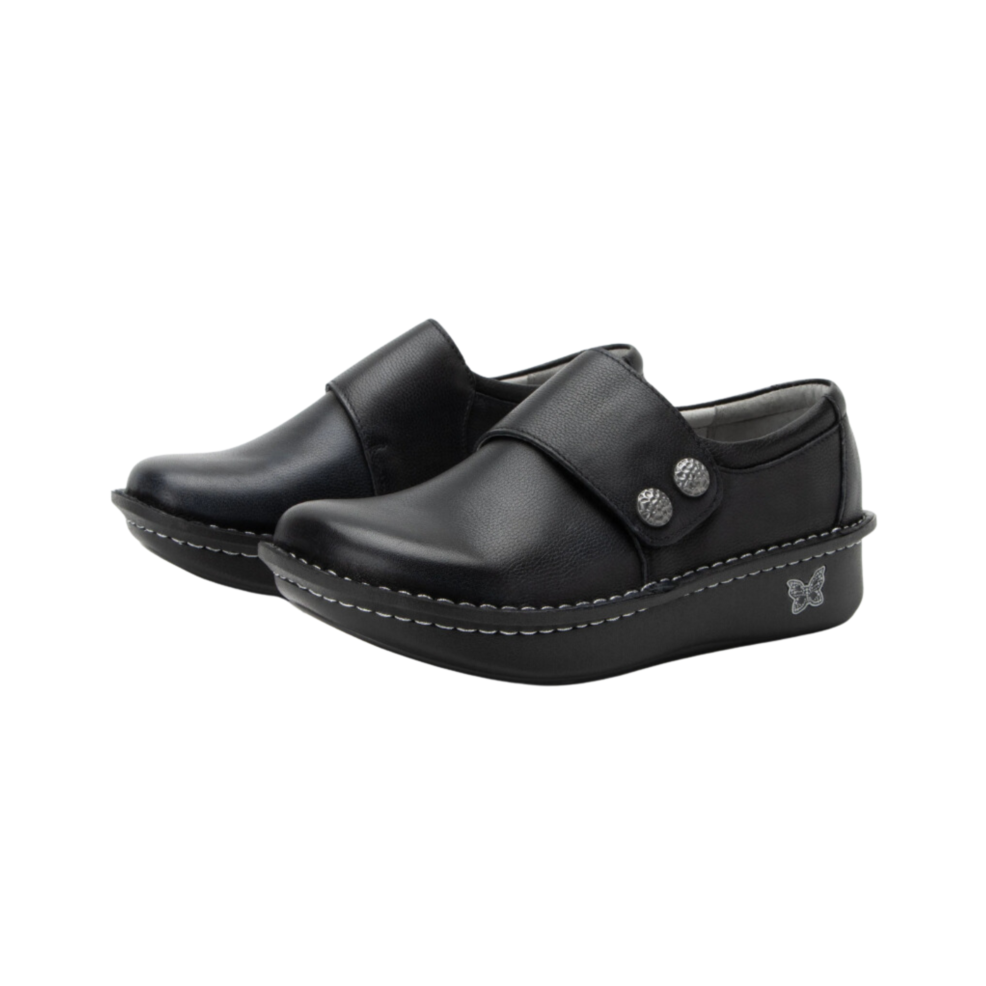 Angled view of Women’s Alegria Deliah casual slip-on in all black – featuring smooth leather upper, cushioned insole, flexible outsole, and elastic gore for comfort.
