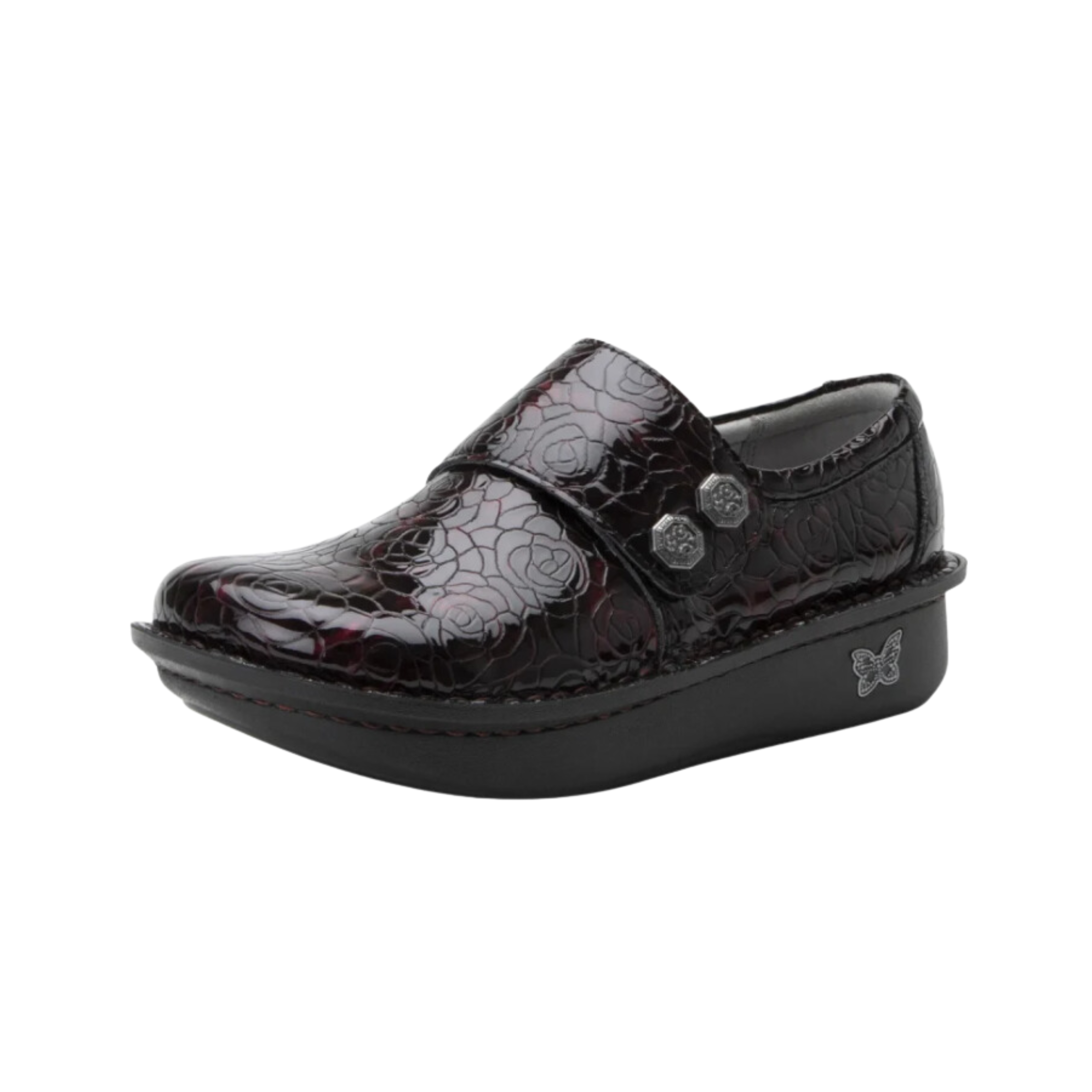 Angled view of Women’s Alegria Deliah casual slip-on in black with red – featuring bold color contrast, cushioned footbed, breathable lining, and slip-resistant sole.