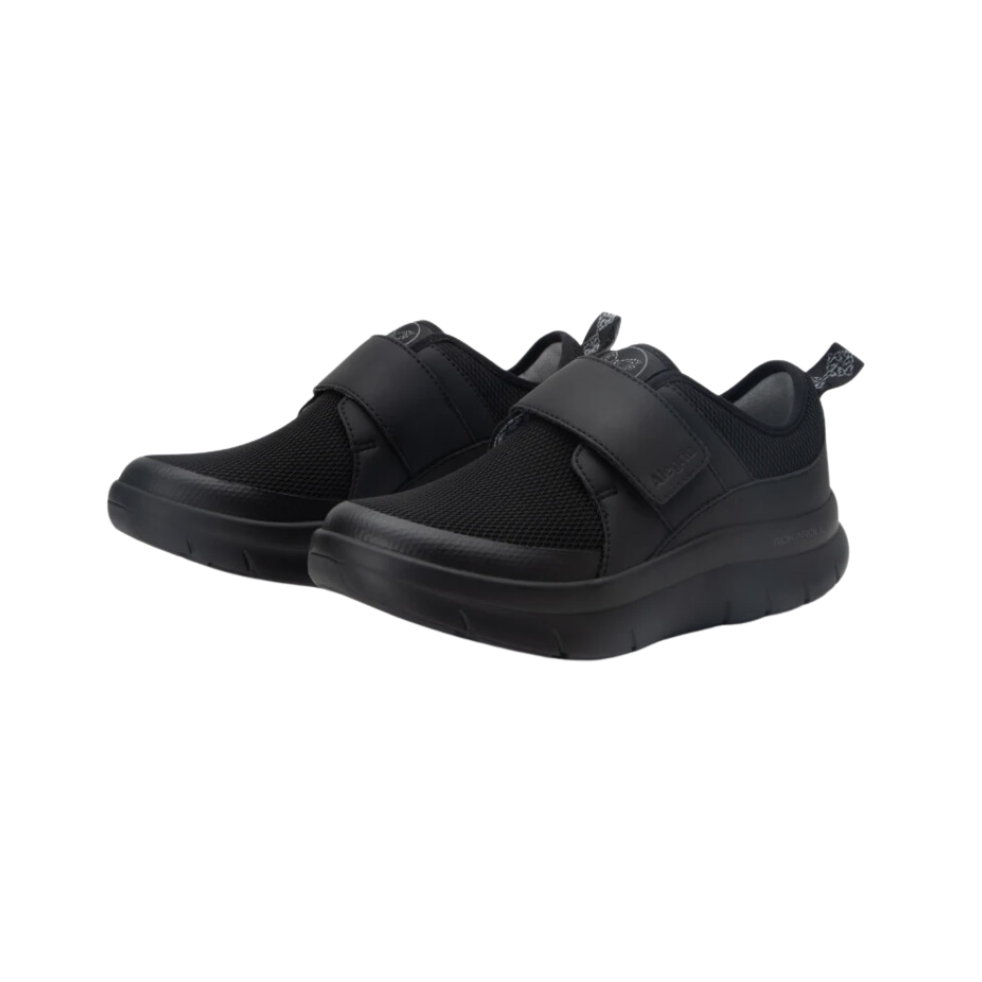 Side view of Women’s Alegria Double Trouble velcro strap athletic shoe in all black – featuring breathable mesh upper, adjustable velcro strap for secure fit, and cushioned sole for comfort.