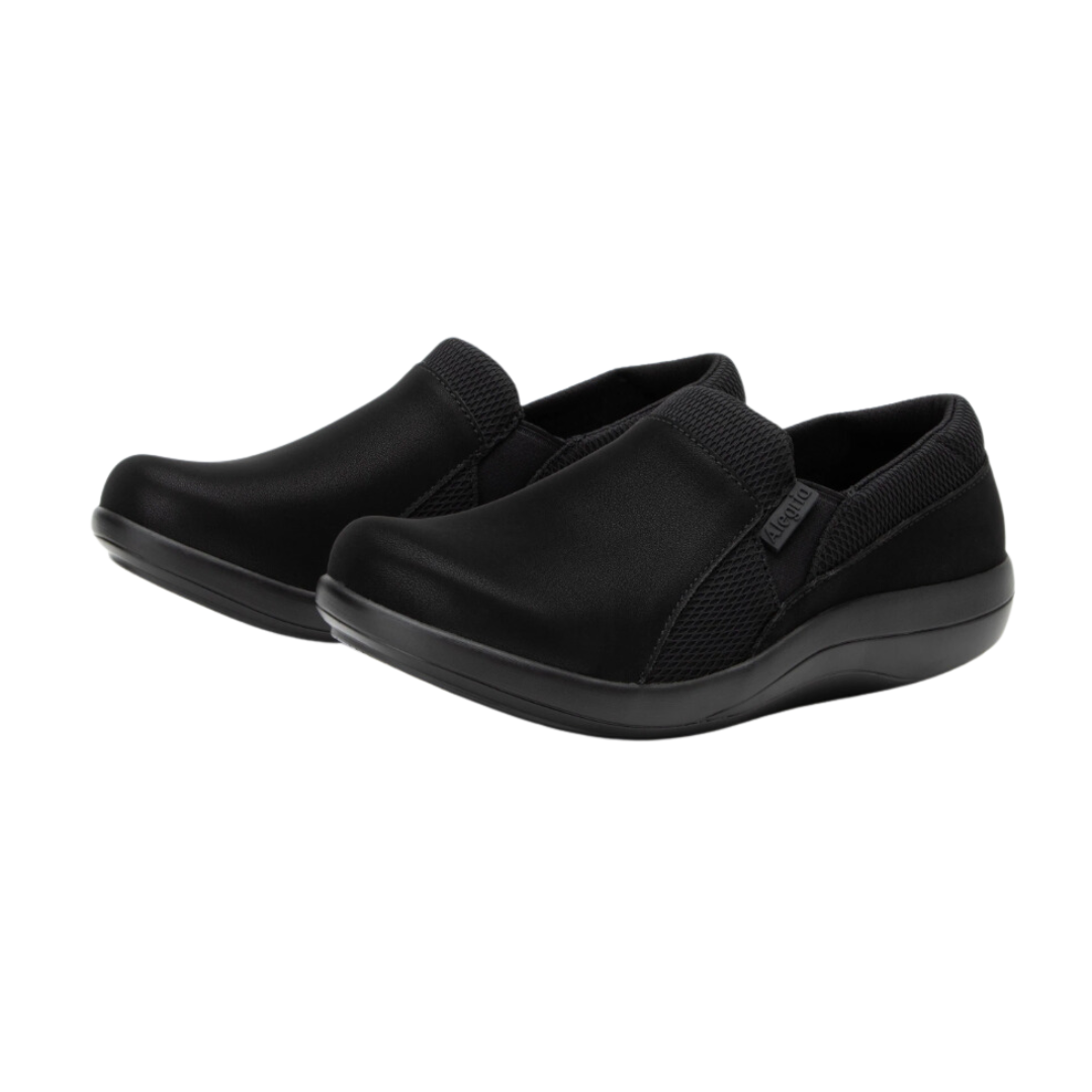 Side View of Women’s Alegria Duette shoe in black – featuring a cushioned removable footbed, slip-on design, and slip-resistant outsole for everyday comfort.