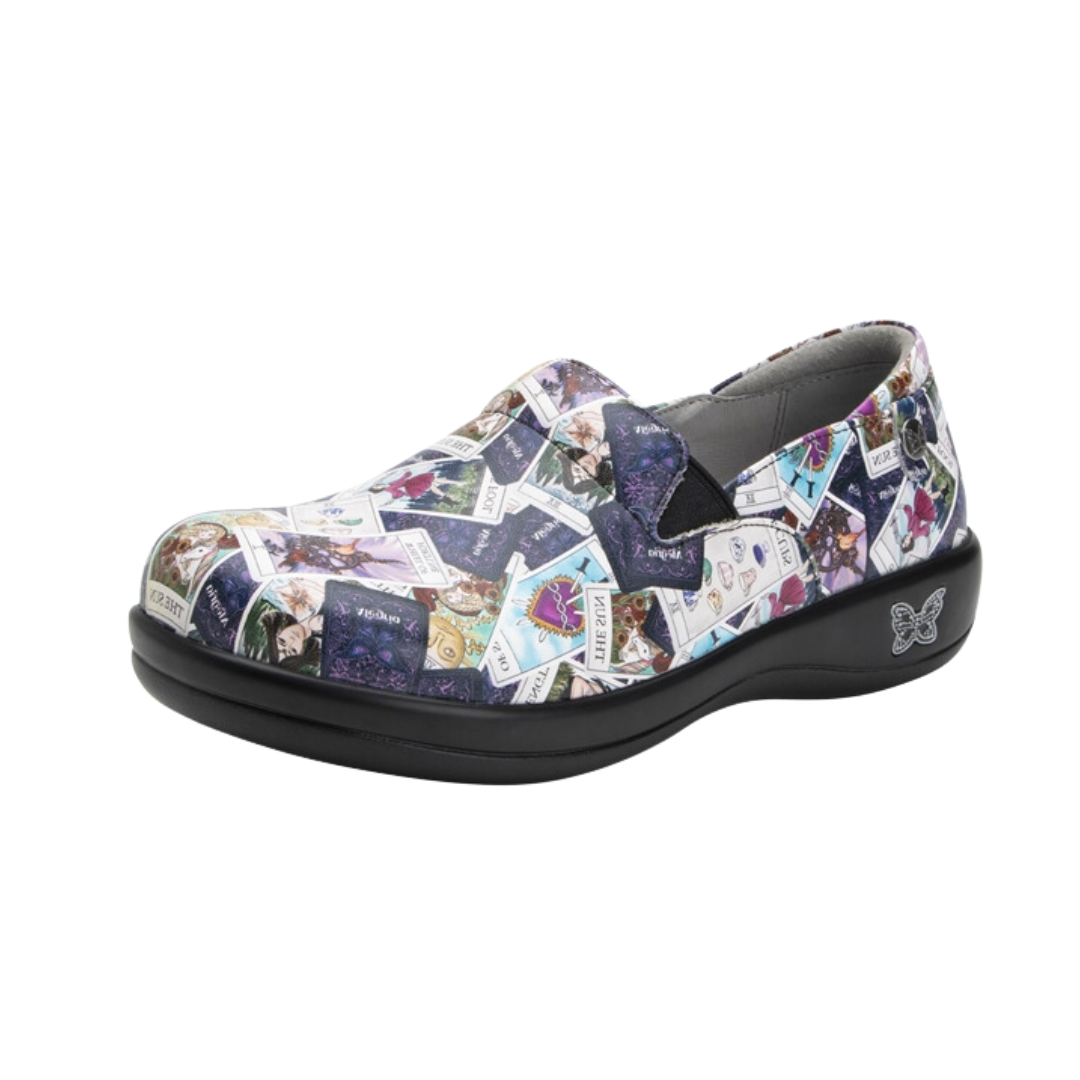 Side View of Women’s Alegria Keli shoe in Tarot print – featuring a cushioned removable footbed, slip-on design, and slip-resistant outsole for professional comfort.