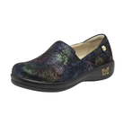 Angled view of Women’s Alegria Keli casual slip-on in black with multi-colors – featuring a vibrant printed upper, padded collar, and memory foam footbed for all-day comfort.
