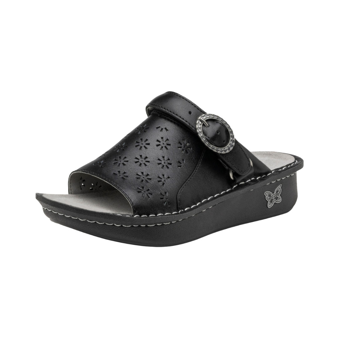 Side View of Women’s Alegria Klover shoe in black butter – featuring a cushioned cork and memory foam footbed, adjustable hook-and-loop strap, and slip-resistant outsole for all-day comfort.