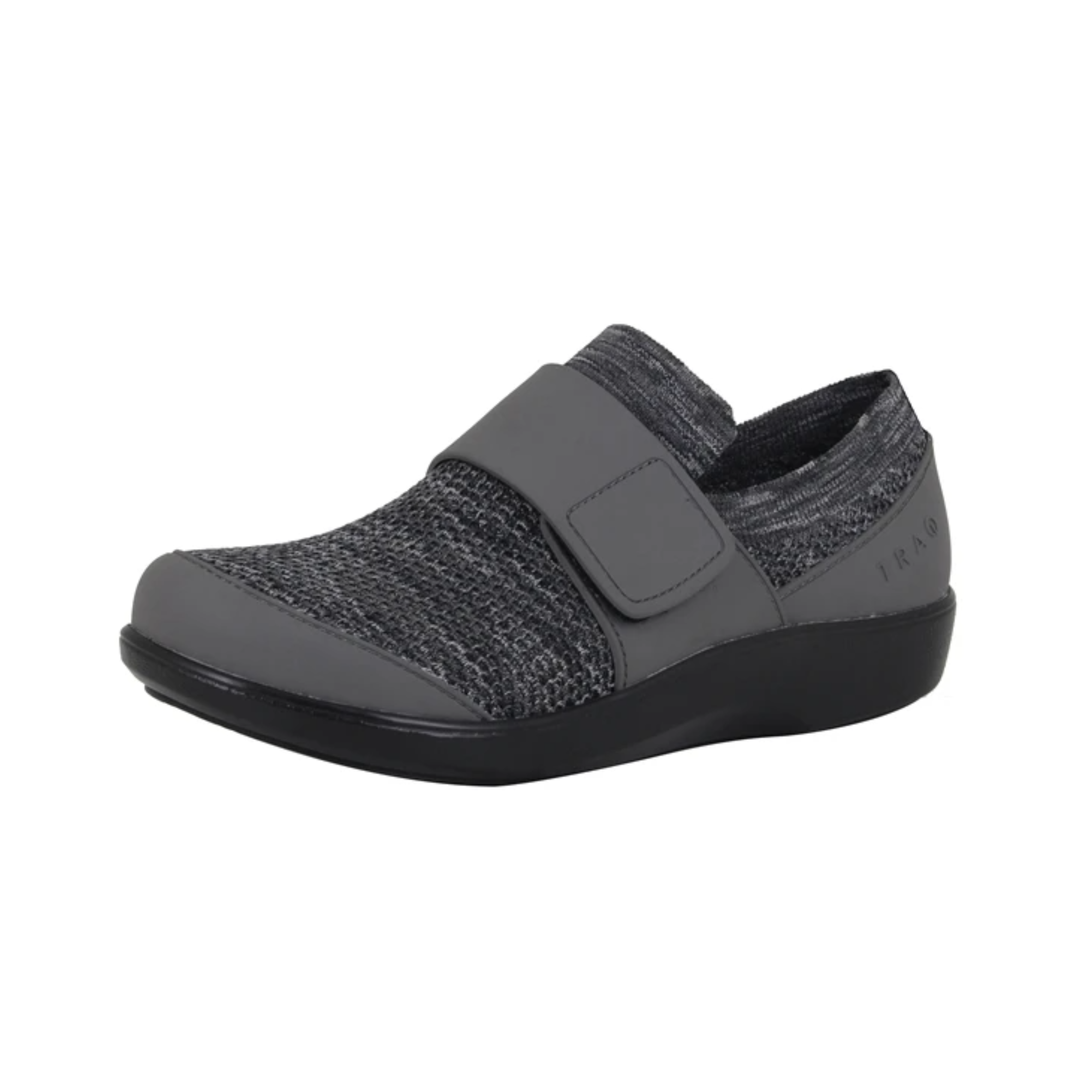 Side view of Women’s Alegria QWIK athletic shoe with velcro strap in grey and black – highlighting breathable mesh and leather upper, quick-release velcro strap for easy on/off, memory foam footbed for pressure relief, and durable slip-resistant outsole for versatile daily wear.