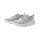Side view of Women’s Alegria Roll On athletic shoe in grey, light pink, and white, featuring a lightweight breathable upper, cushioned midsole for shock absorption, and durable outsole designed for active use.