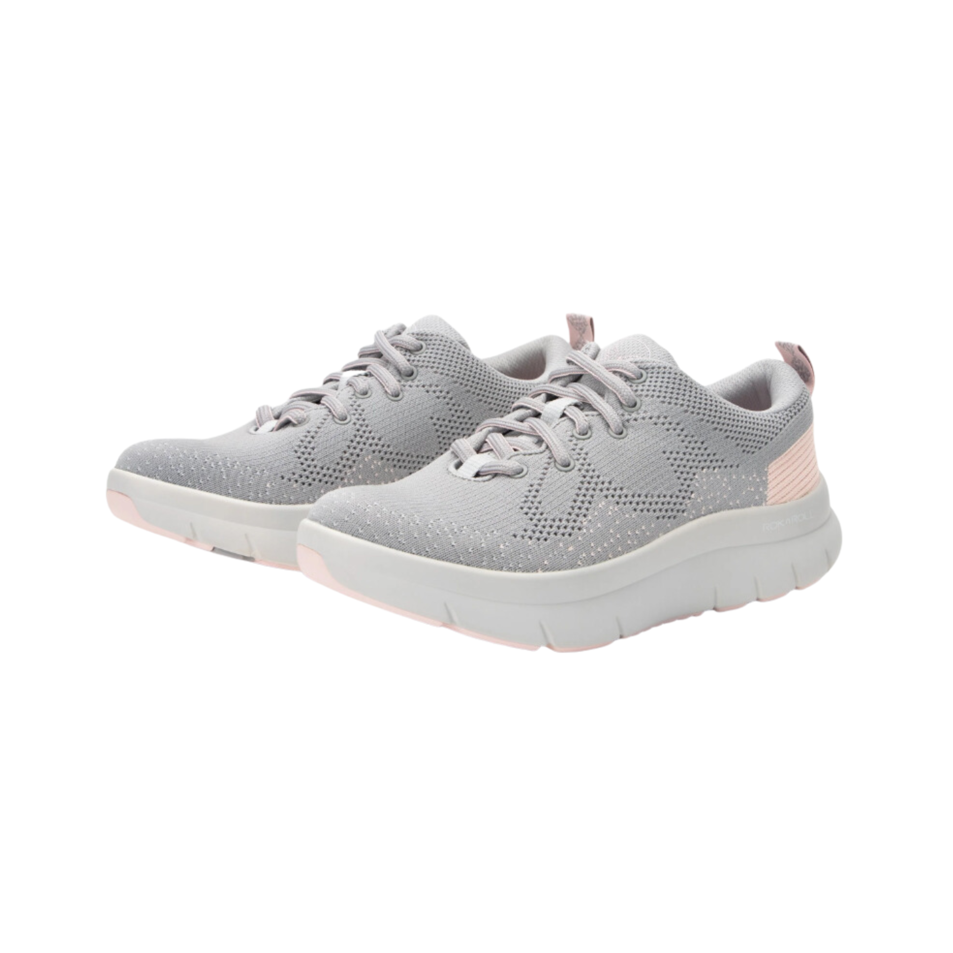 Side view of Women’s Alegria Roll On athletic shoe in grey, light pink, and white, featuring a lightweight breathable upper, cushioned midsole for shock absorption, and durable outsole designed for active use.