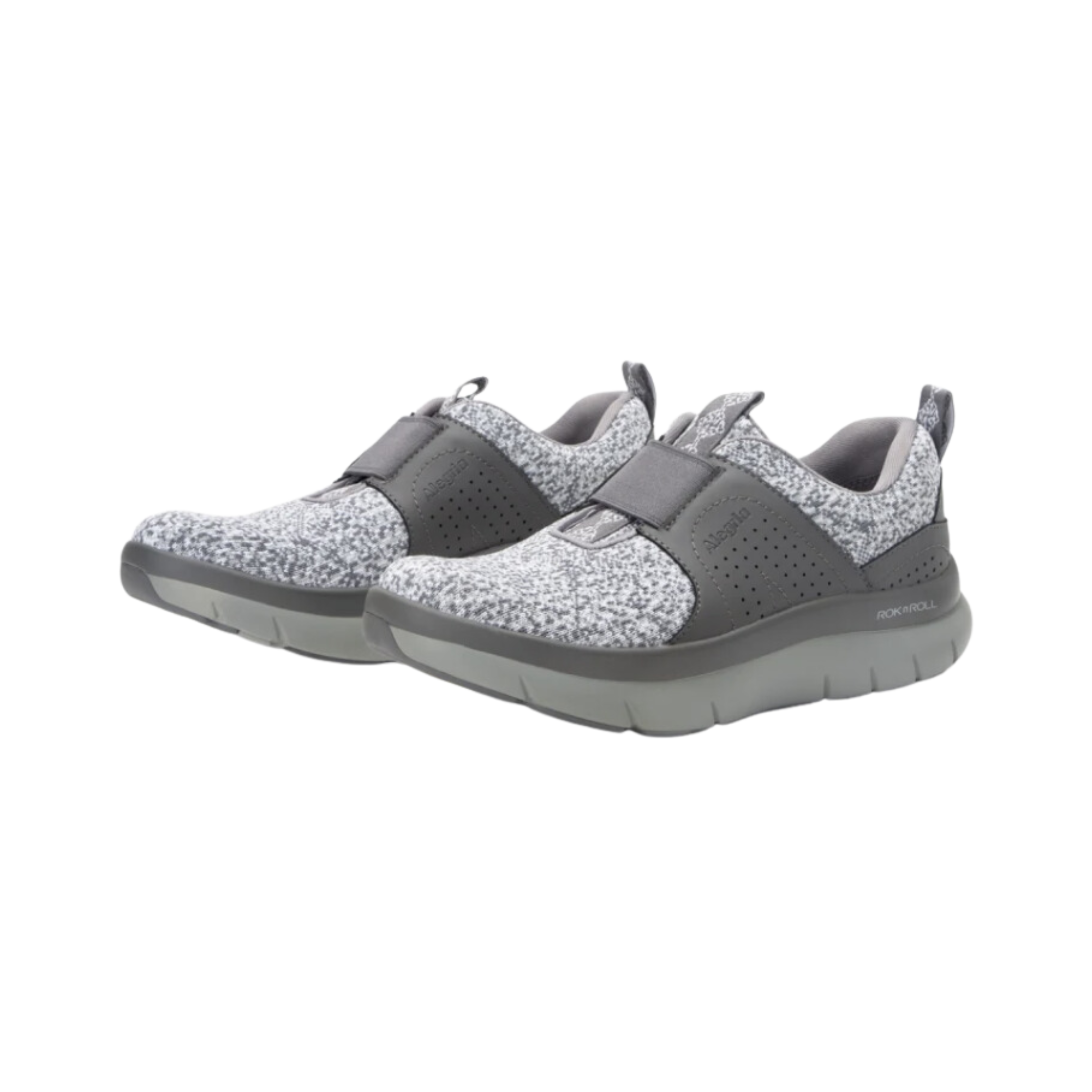 Side view of Women’s Alegria Rotation athletic shoe in grey and white – featuring lightweight mesh upper, cushioned midsole for shock absorption, and secure fit.