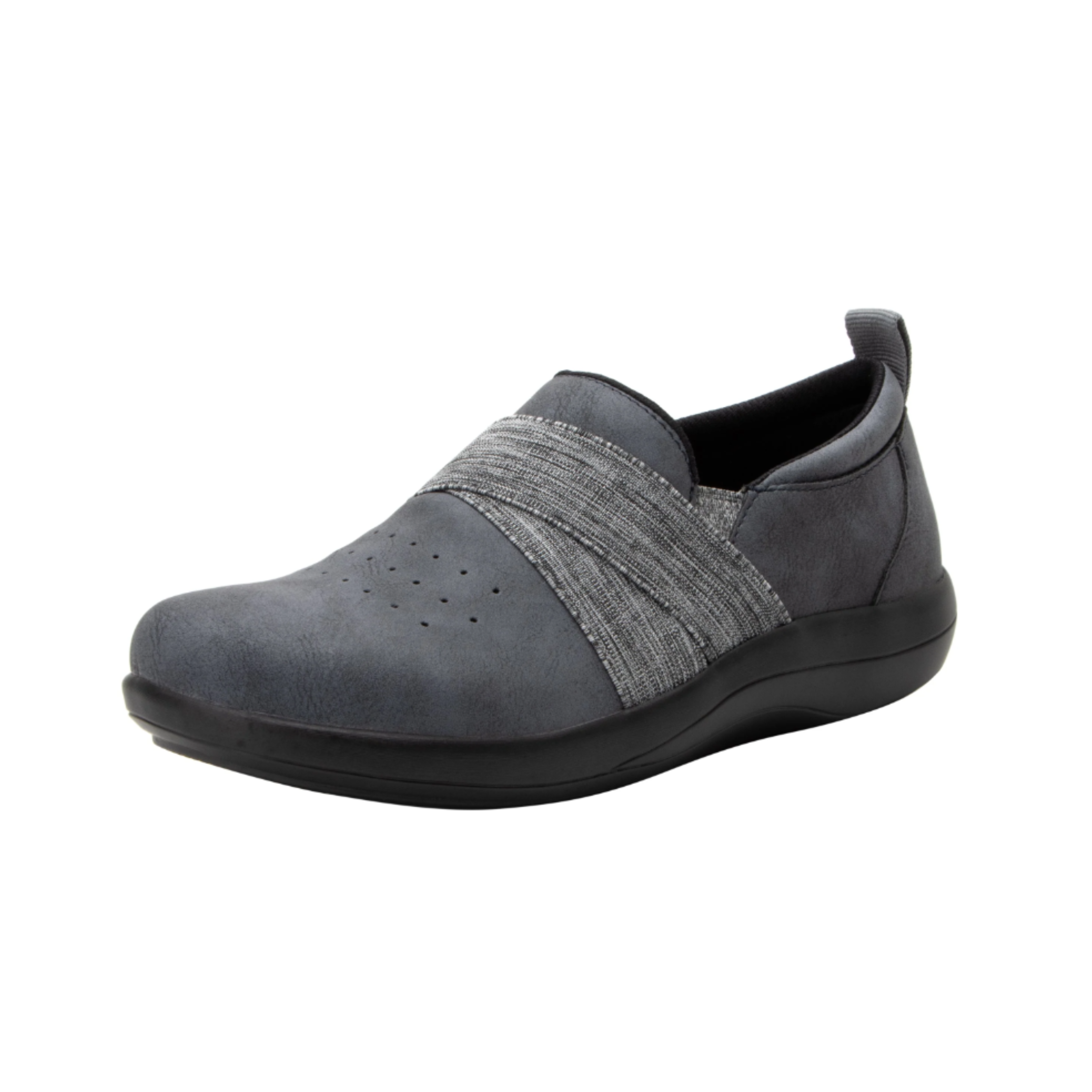 Side view of Women’s Alegria Savvie slip-on casual shoe in grey and black - featuring durable leather with embossed details, supportive cushioned insole, and flexible outsole for natural movement.