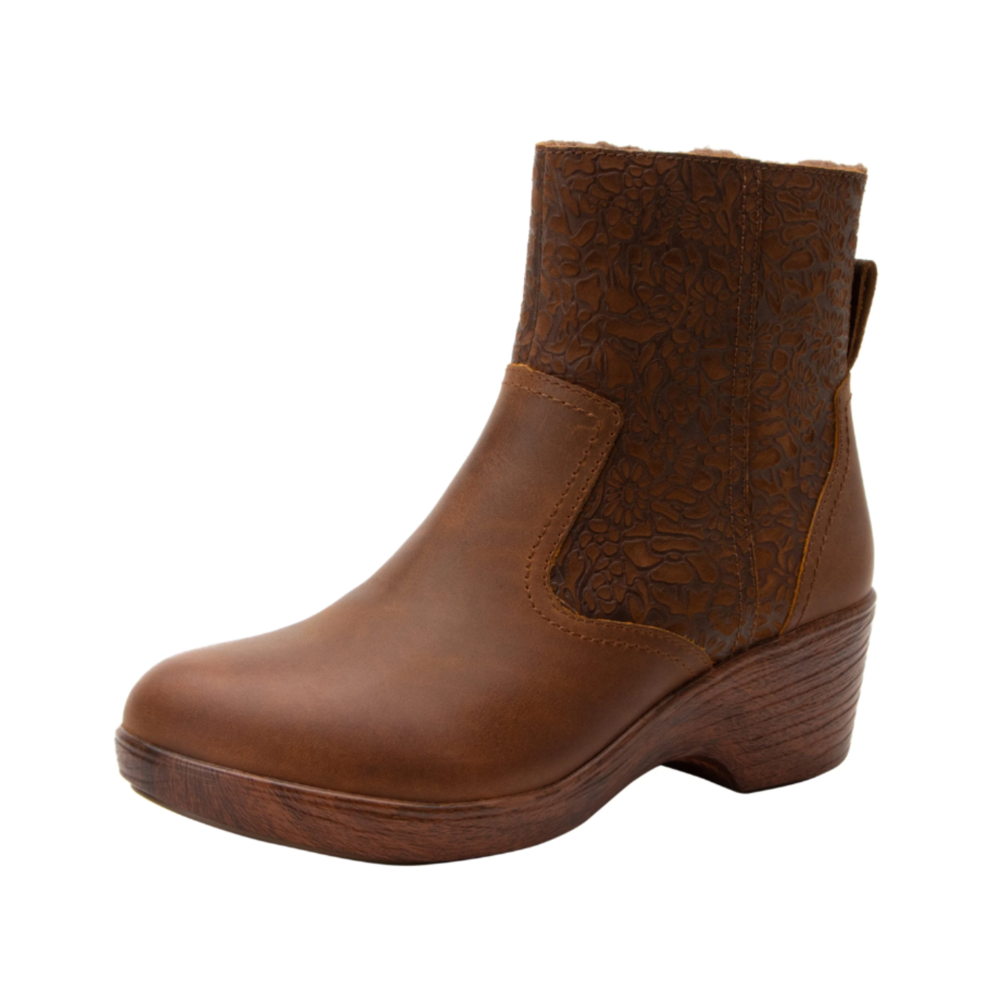 Side view of Women’s Alegria Scarlett casual boot in all brown - featuring smooth leather construction, a padded collar for ankle support, and a cushioned sole for all-day comfort.