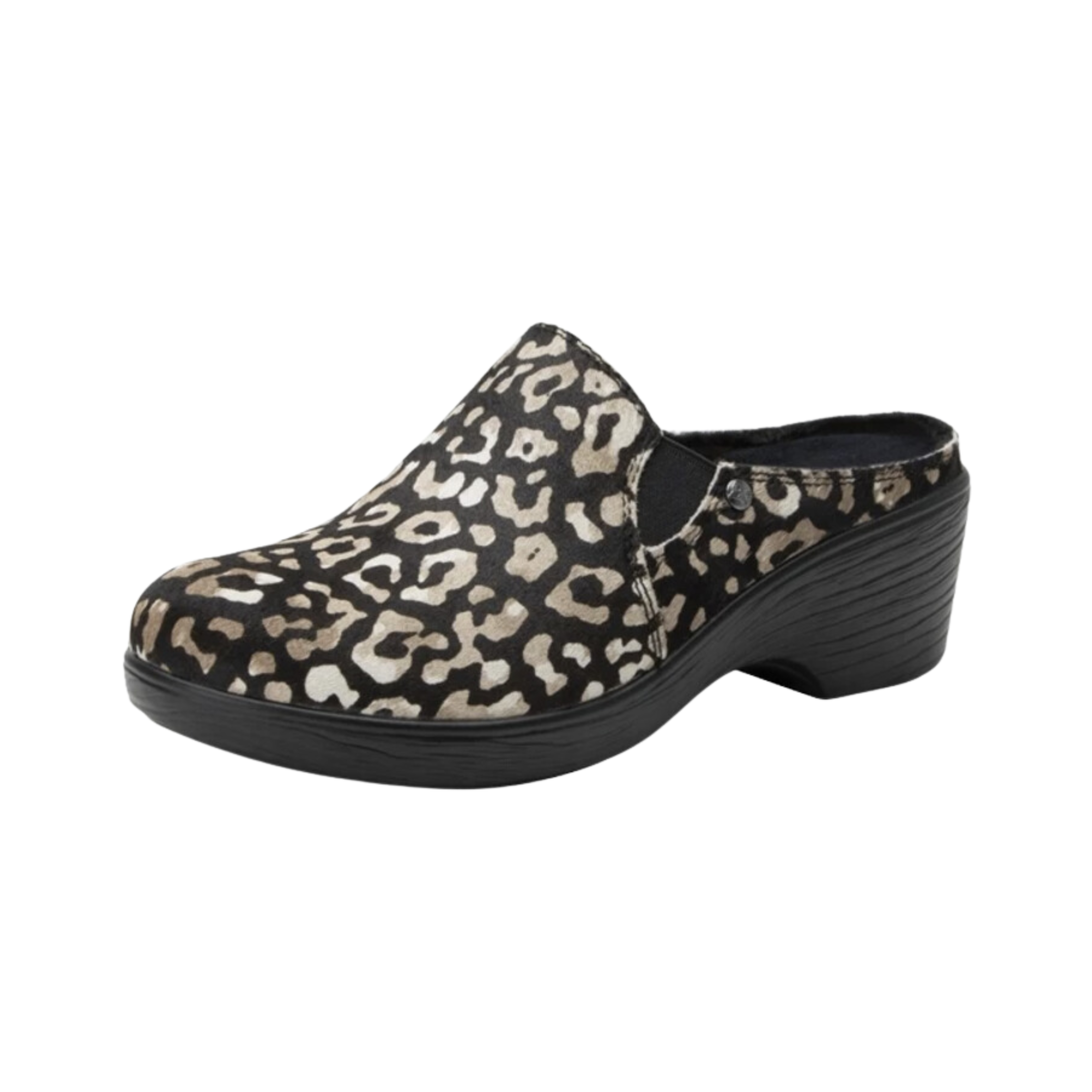 Side view of Women’s Alegria Sereniti casual slip-on shoe in tan, grey, and black – featuring soft leather upper, elastic side gore for easy on/off, and cushioned footbed.
