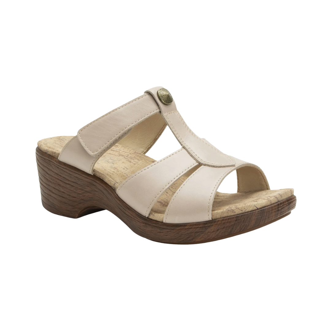 Side View of Women’s Alegria Shantal sandal in oat – featuring a cushioned cork and memory foam footbed, adjustable hook-and-loop straps, and slip-resistant outsole for secure comfort.