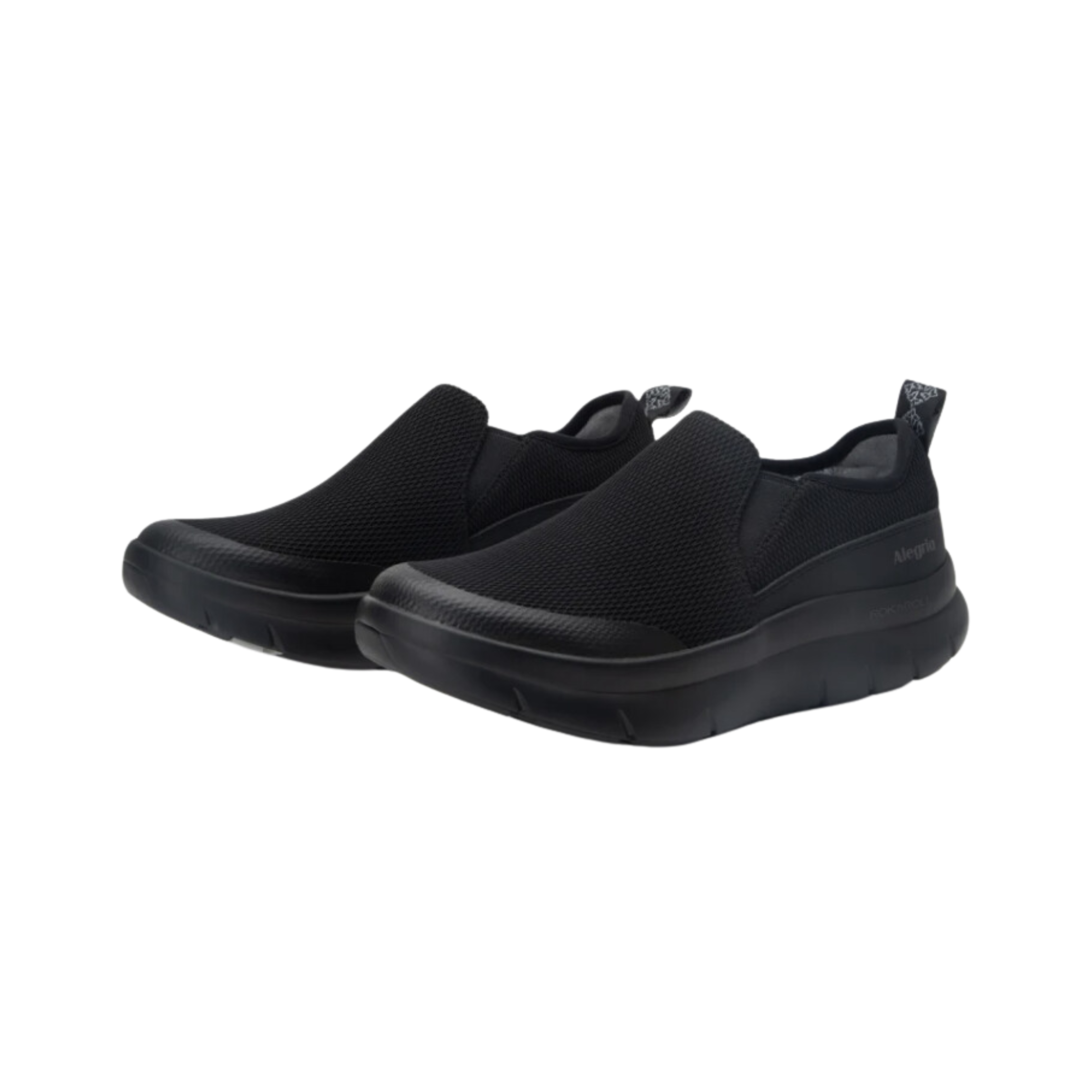 Side view of Women’s Alegria Shift Lead athletic slip-on shoe in all black – featuring breathable mesh upper, easy slip-on design, cushioned insole, and flexible sole.