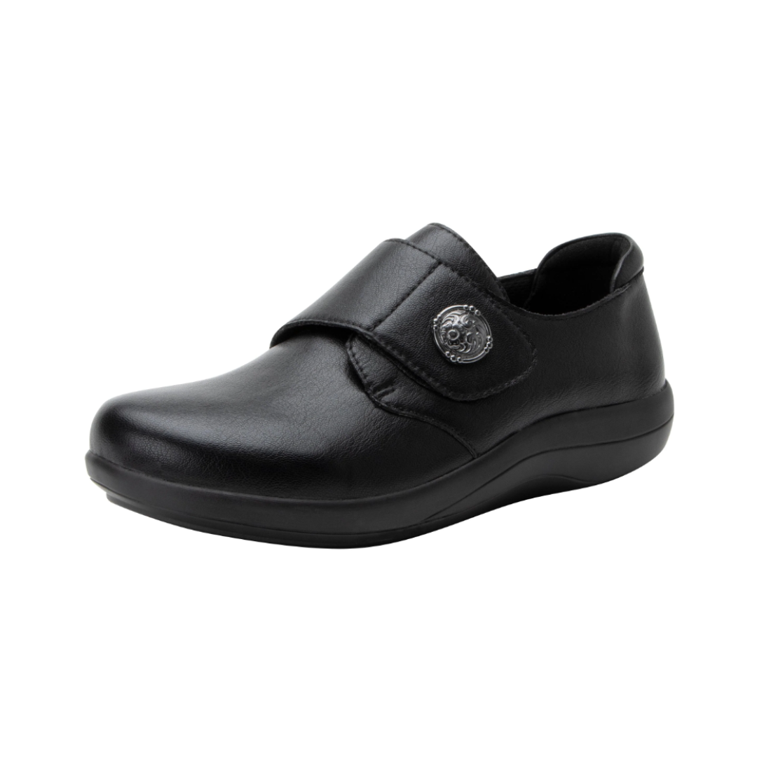 Side view of Women’s Alegria Spright dress shoe with strap in all black – featuring smooth leather upper with adjustable hook-and-loop strap, cushioned footbed with antimicrobial properties, flexible outsole for all-day comfort, and supportive arch design ideal for extended wear.