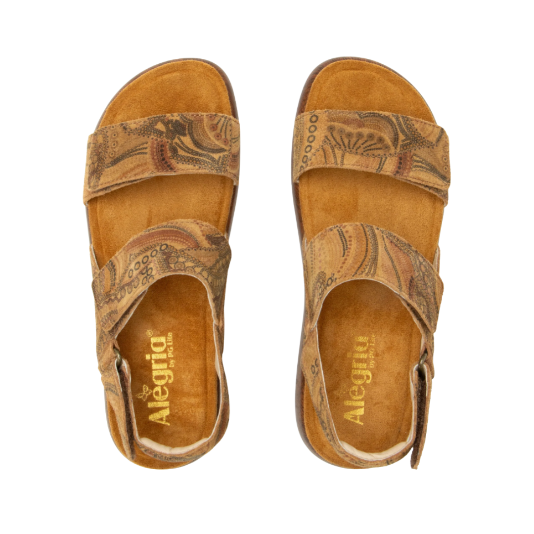 Top View of Women’s Alegria Bailee sandal in folkie brown – featuring a cushioned cork footbed, adjustable hook-and-loop straps, and open-toe design for breathable comfort.