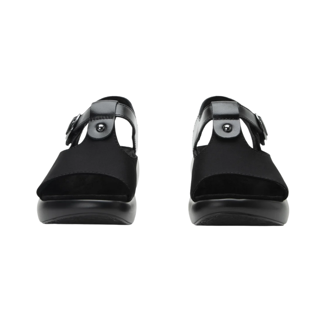 Front View of Women’s Alegria Betsie Stretch shoe in nightly black – featuring a rounded toe design, stretch fabric upper, and cushioned removable footbed for a comfortable fit.