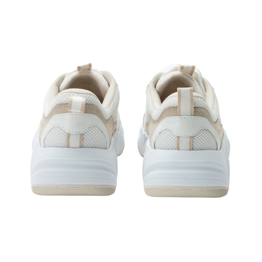Back View of Women’s Alegria Boom Joy sneaker in ecru – featuring a cushioned removable footbed, supportive heel counter, and slip-resistant outsole for lasting wear.