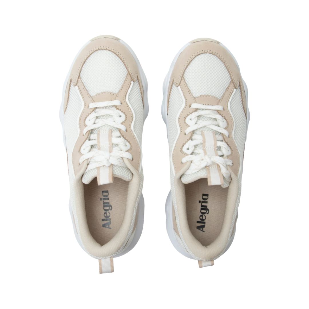 Top View of Women’s Alegria Boom Joy sneaker in ecru – featuring a cushioned removable footbed, breathable upper, and lace-up design for a secure fit.