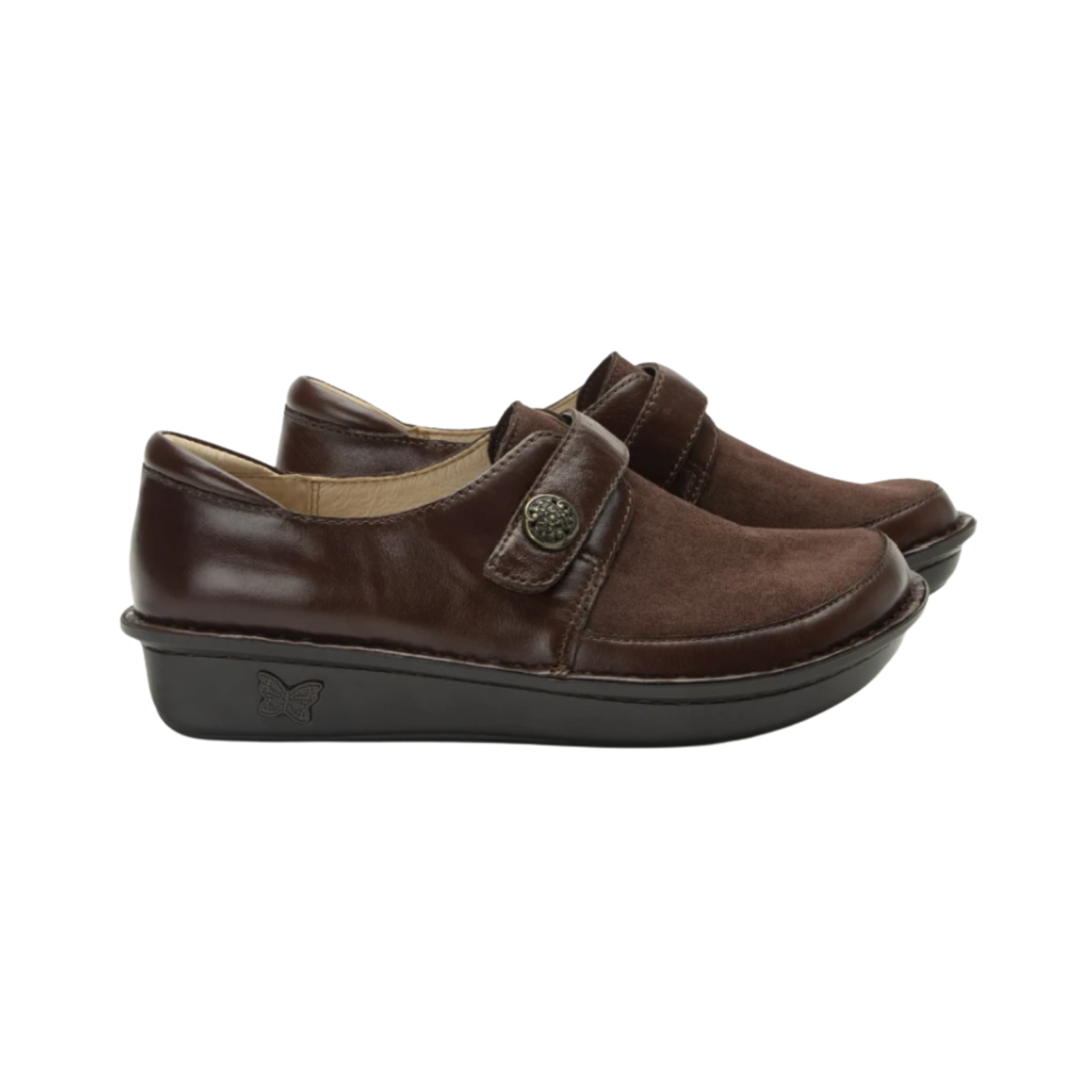 Side View of Women’s Alegria Brenna shoe in Choco Luster – featuring a low-profile rocker outsole that helps improve walking posture and reduces fatigue, an adjustable hook-and-loop strap for a secure, customizable fit, and leather trim for added durability.