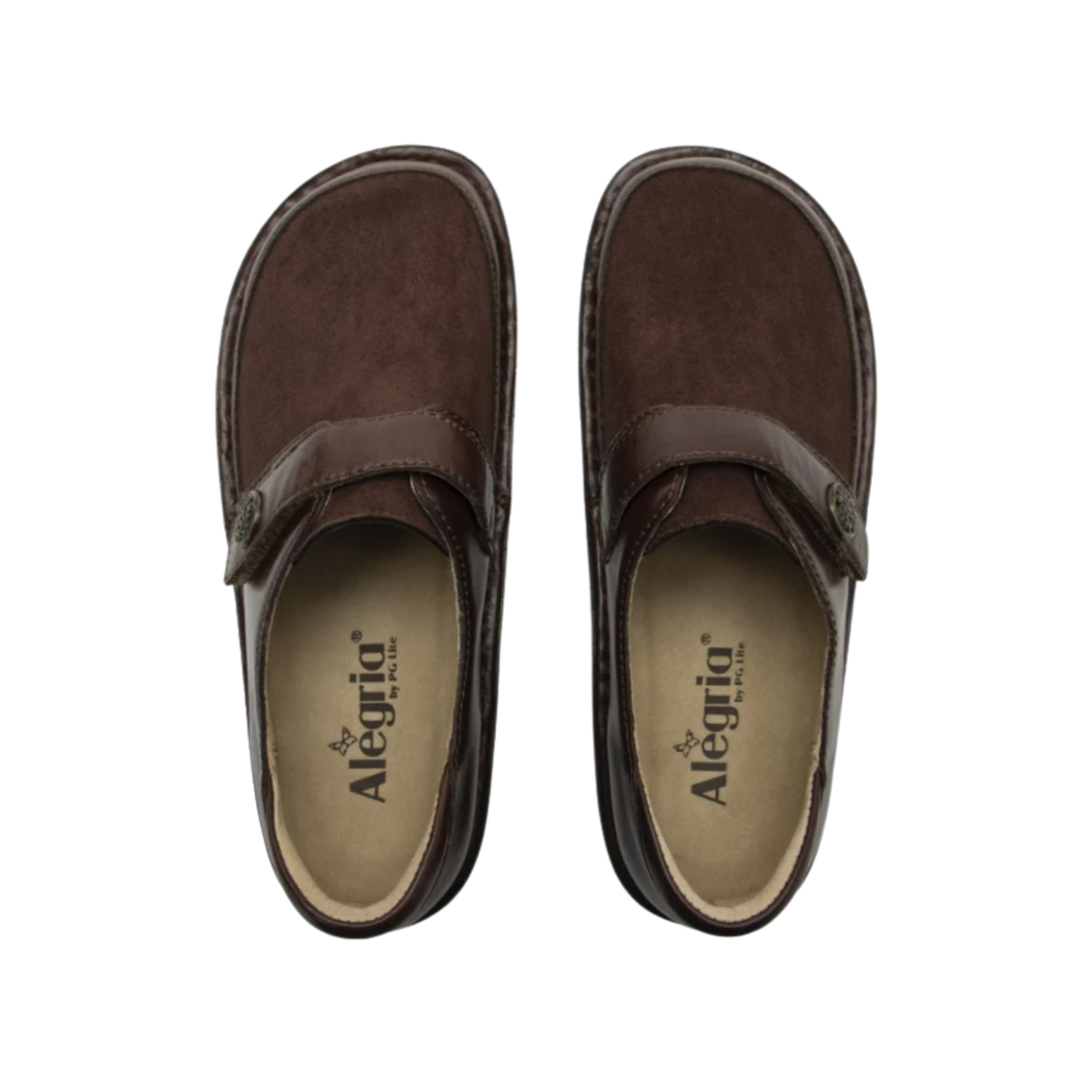 Top View of Women’s Alegria Brenna shoe in Choco Luster – featuring a wide, rounded toe box that promotes toe mobility and reduces pressure, a soft suede upper for breathable comfort, and a padded insole designed to cushion every step throughout the day.