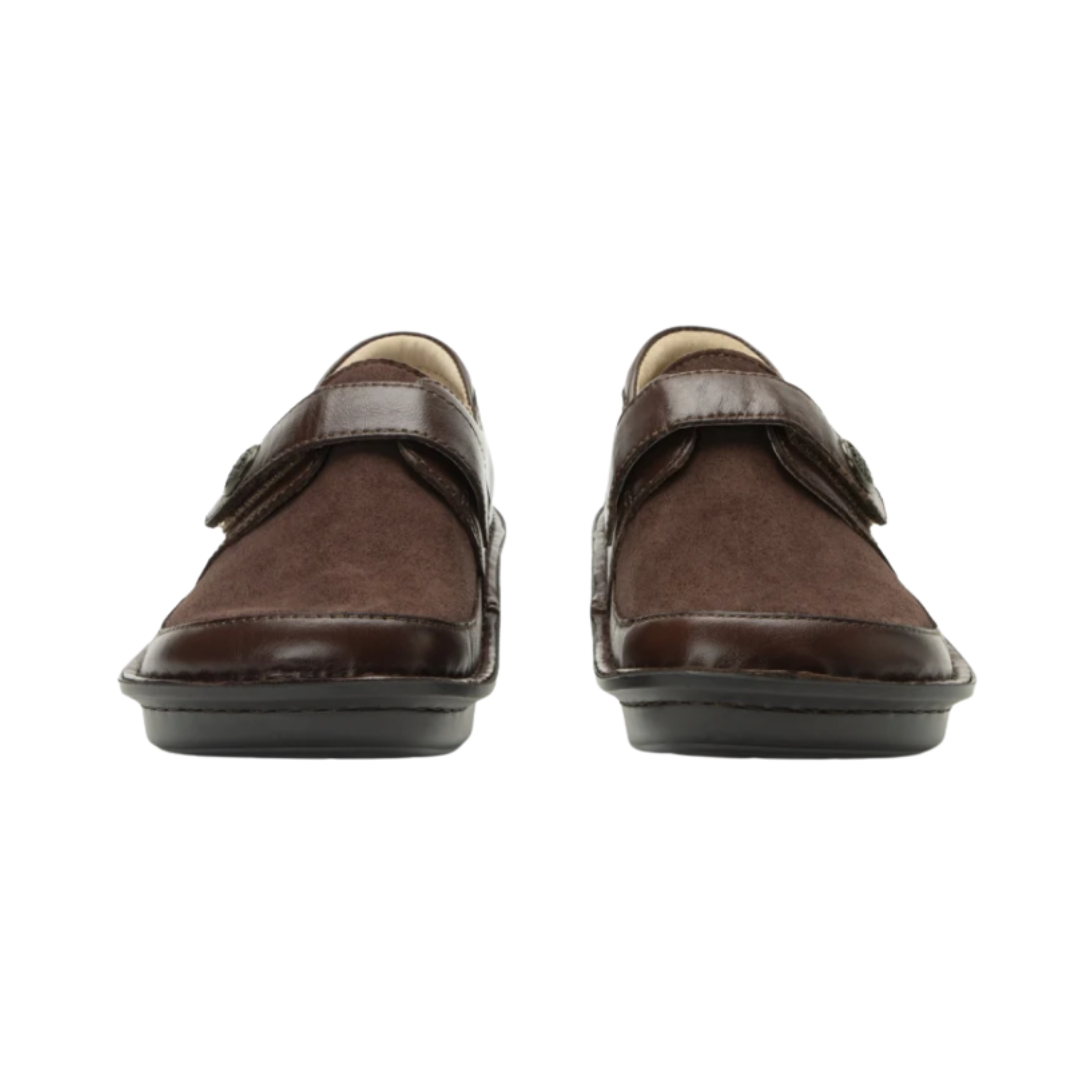 Front View of Women’s Alegria Brenna shoe in Choco Luster – featuring a padded collar for enhanced heel comfort, a supportive back structure for ankle stability, and a moderate heel height that helps reduce strain on the lower back and knees.