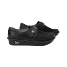 Side View of Women’s Alegria Brenna shoe in Oiled Black – featuring a mild rocker outsole that supports natural gait and reduces joint strain, an adjustable hook-and-loop strap for a secure, flexible fit, and built-in arch support for proper alignment and posture.
