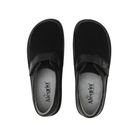 Top View of Women’s Alegria Brenna shoe in Oiled Black – featuring a wide toe box that allows natural foot positioning, a smooth oiled leather upper for durability and easy cleaning, and a cushioned insole that promotes comfort during extended wear.