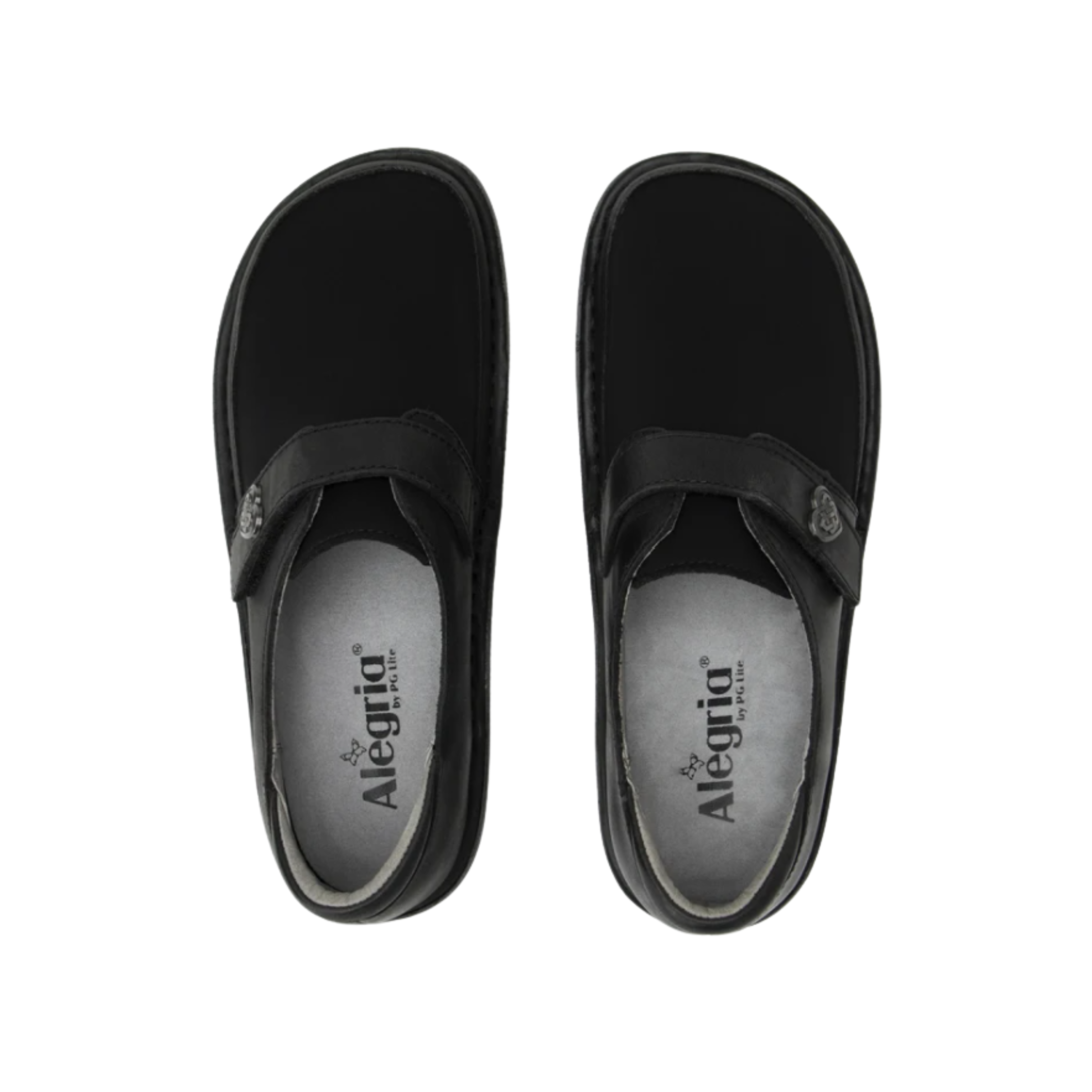 Top View of Women’s Alegria Brenna shoe in Oiled Black – featuring a wide toe box that allows natural foot positioning, a smooth oiled leather upper for durability and easy cleaning, and a cushioned insole that promotes comfort during extended wear.