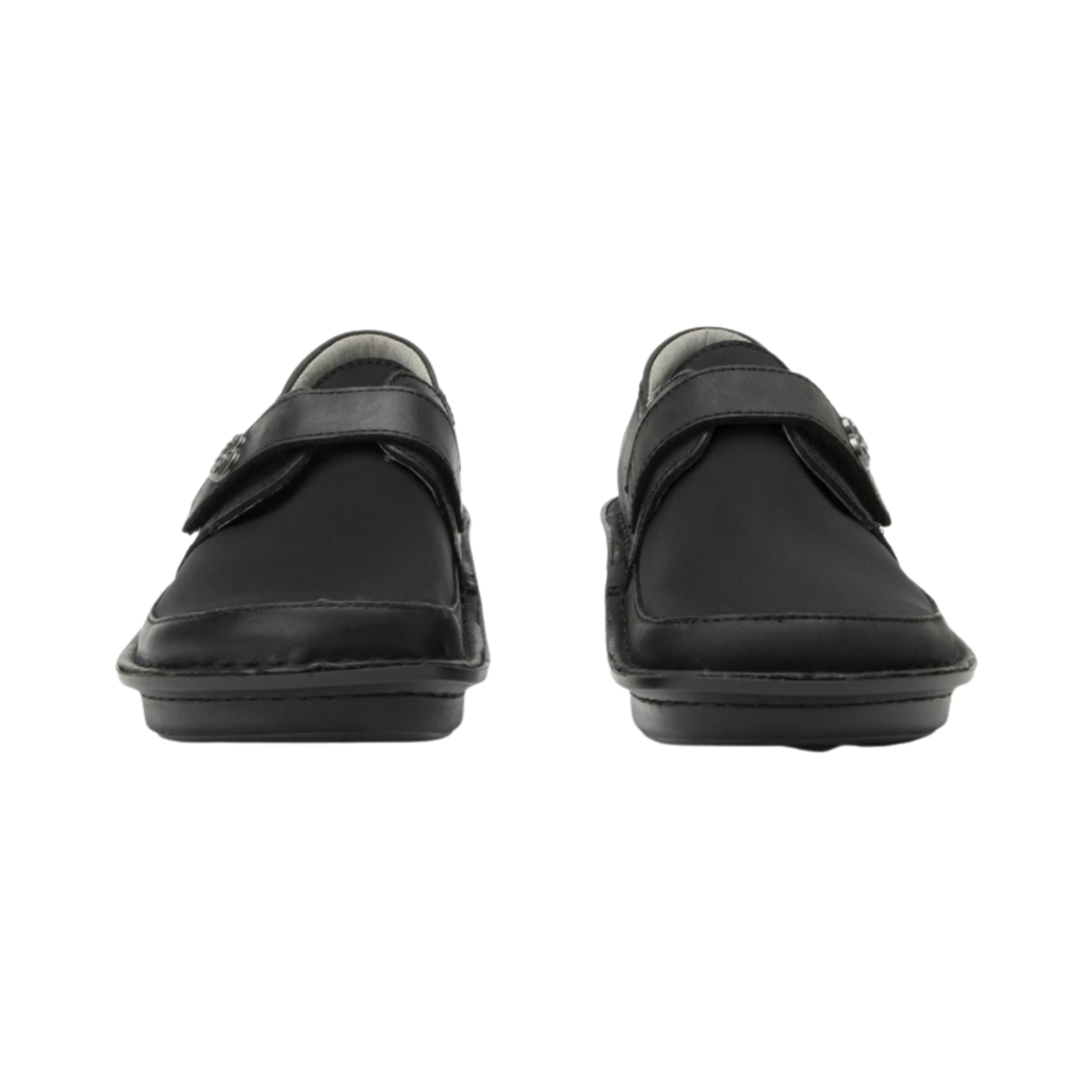 Front View of Women’s Alegria Brenna shoe in Oiled Black – featuring a mild rocker outsole that supports natural gait and reduces joint strain, an adjustable hook-and-loop strap for a secure, flexible fit, and built-in arch support for proper alignment and posture.