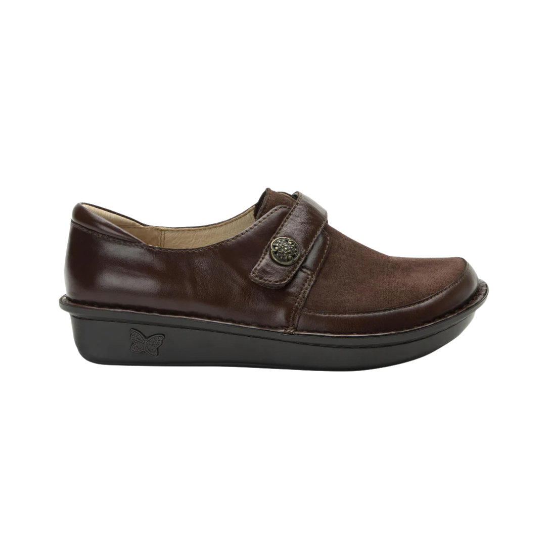 Side View of Women’s Alegria Brenna loafer in oiled brown – featuring a cushioned cork and memory foam footbed, slip-on design, and slip-resistant outsole for lasting comfort.