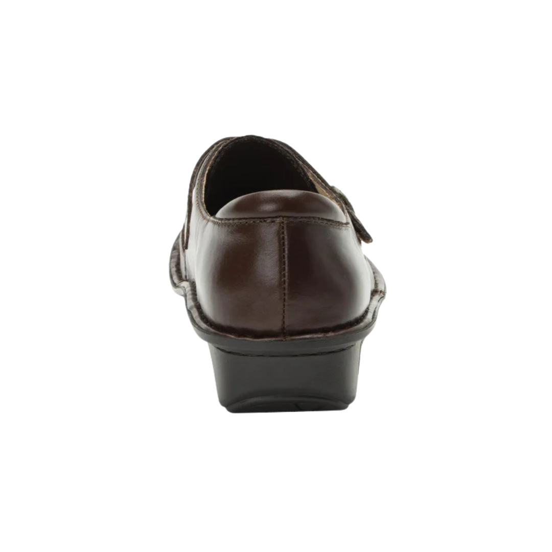 Back View of Women’s Alegria Brenna loafer in oiled brown – featuring a cushioned cork and memory foam footbed, low-profile heel, and slip-resistant outsole for lasting comfort.