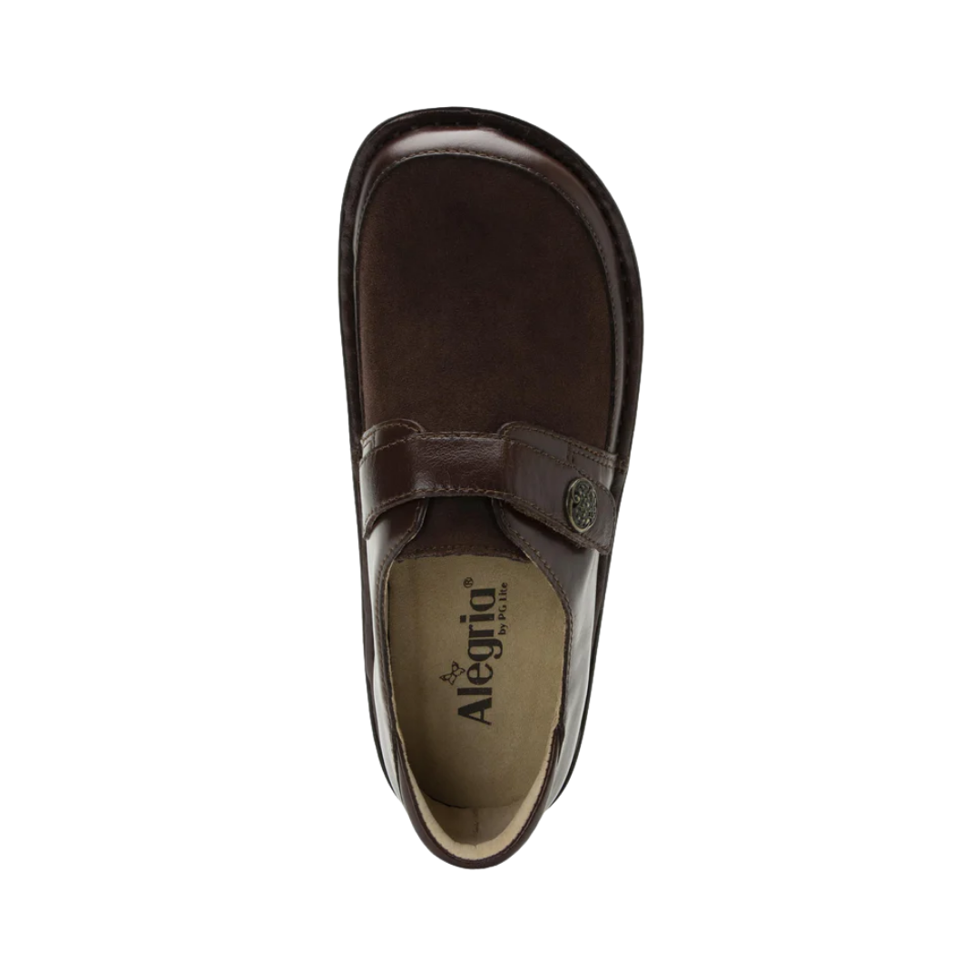 Top View of Women’s Alegria Brenna loafer in oiled brown – featuring a cushioned cork and memory foam footbed, smooth leather upper, and slip-on design for easy wear.