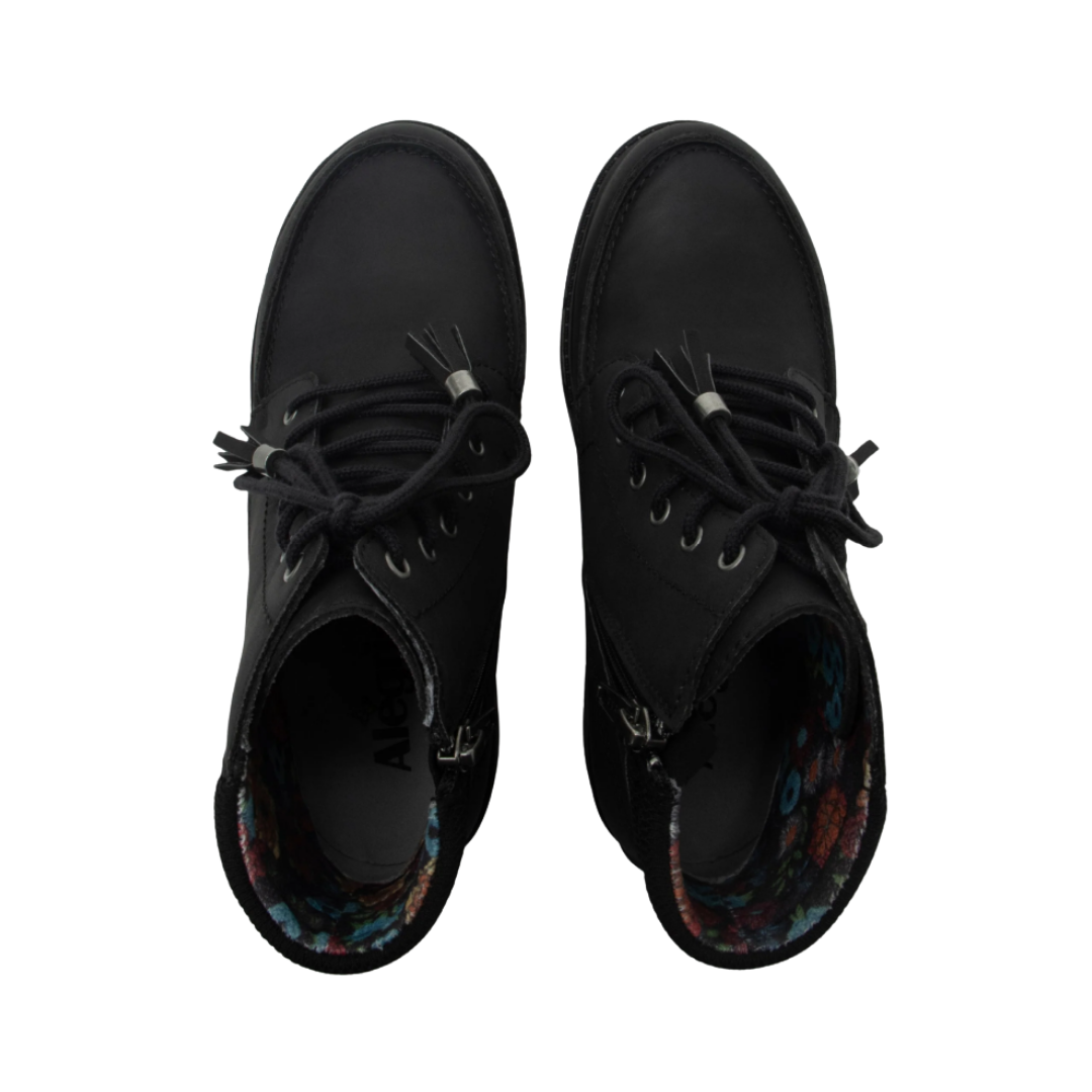 Top View of Women’s Alegria Chevron Boot in relaxed tar – featuring a cushioned removable footbed, rounded toe design, and smooth leather upper for a comfortable fit.