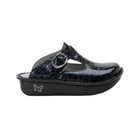 Side View of Women’s Alegria Classic clog in Ocean Surf – featuring a rocker outsole that encourages natural foot motion and reduces strain on joints, a stable heel design for improved balance, and a high-gloss leather finish with a wave-like pattern for a unique, energetic look.
