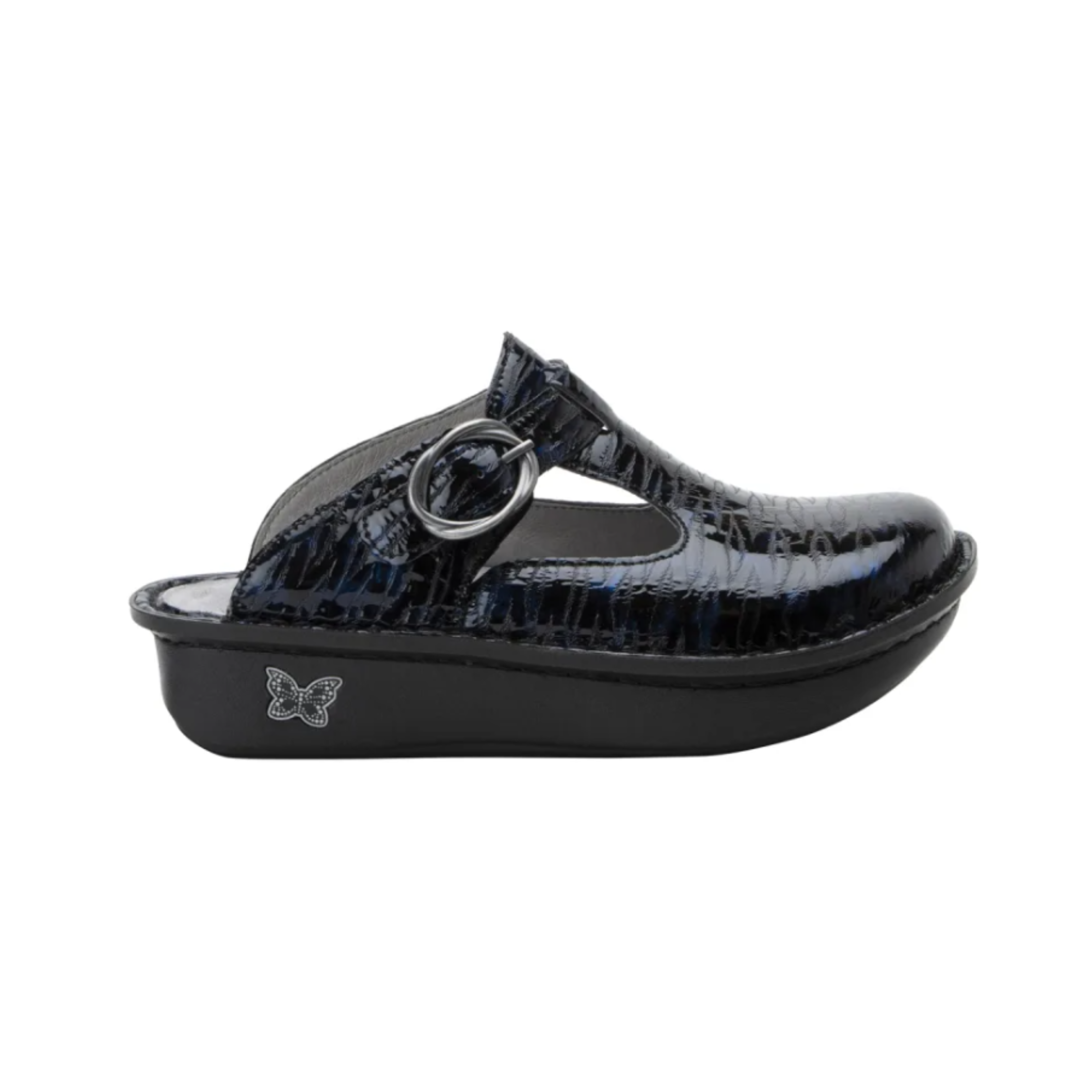 Side View of Women’s Alegria Classic clog in Ocean Surf – featuring a rocker outsole that encourages natural foot motion and reduces strain on joints, a stable heel design for improved balance, and a high-gloss leather finish with a wave-like pattern for a unique, energetic look.