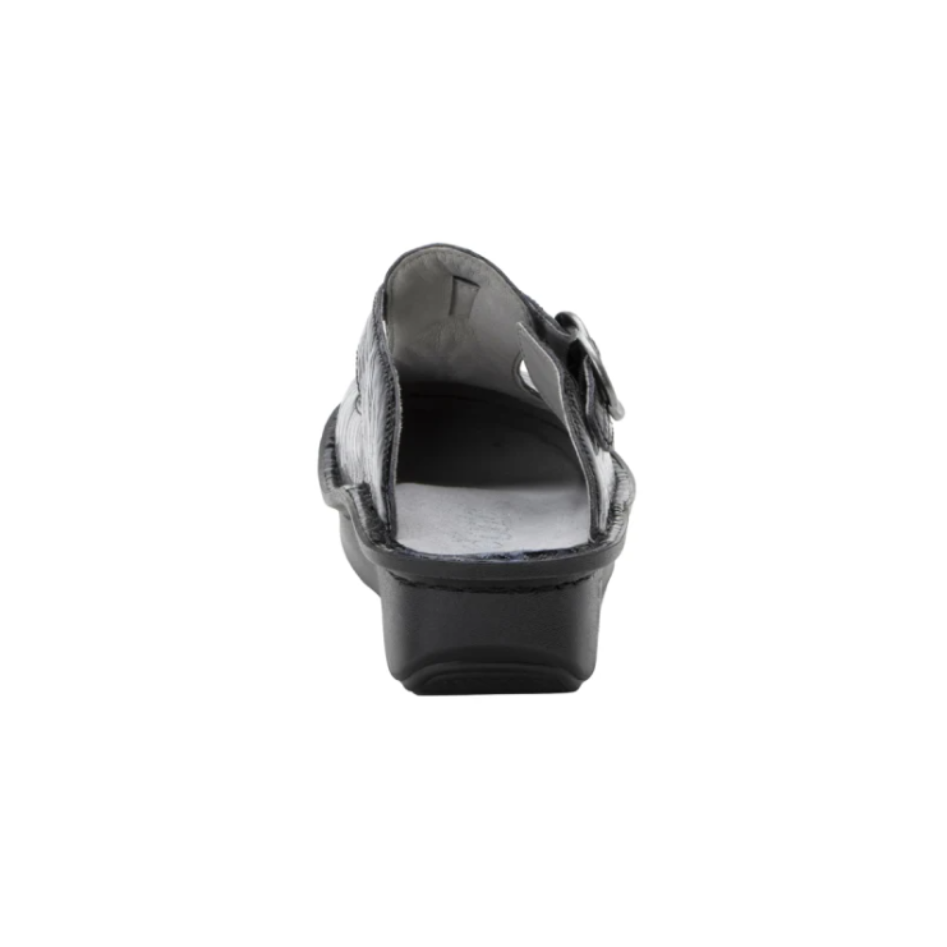 Back View of Women’s Alegria Classic clog in Ocean Surf – featuring an open-back clog structure for easy slip-on wear, a padded heel collar for added comfort and slip resistance, and a modest heel rise for better posture and lower back support.